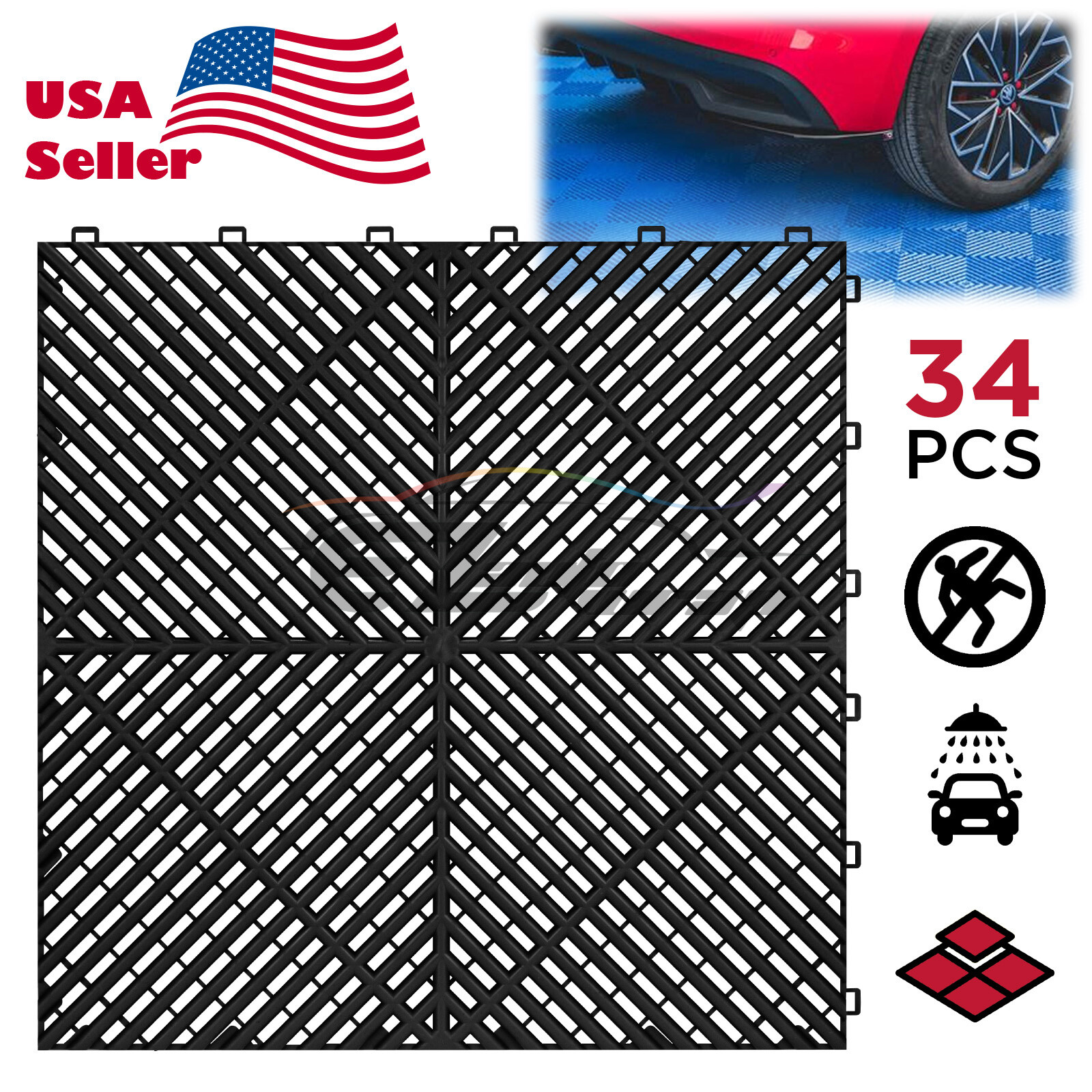 34pcs 16″x16″ Garage Floor Mat Perforated Flooring Tile Auto Shop Interlocking