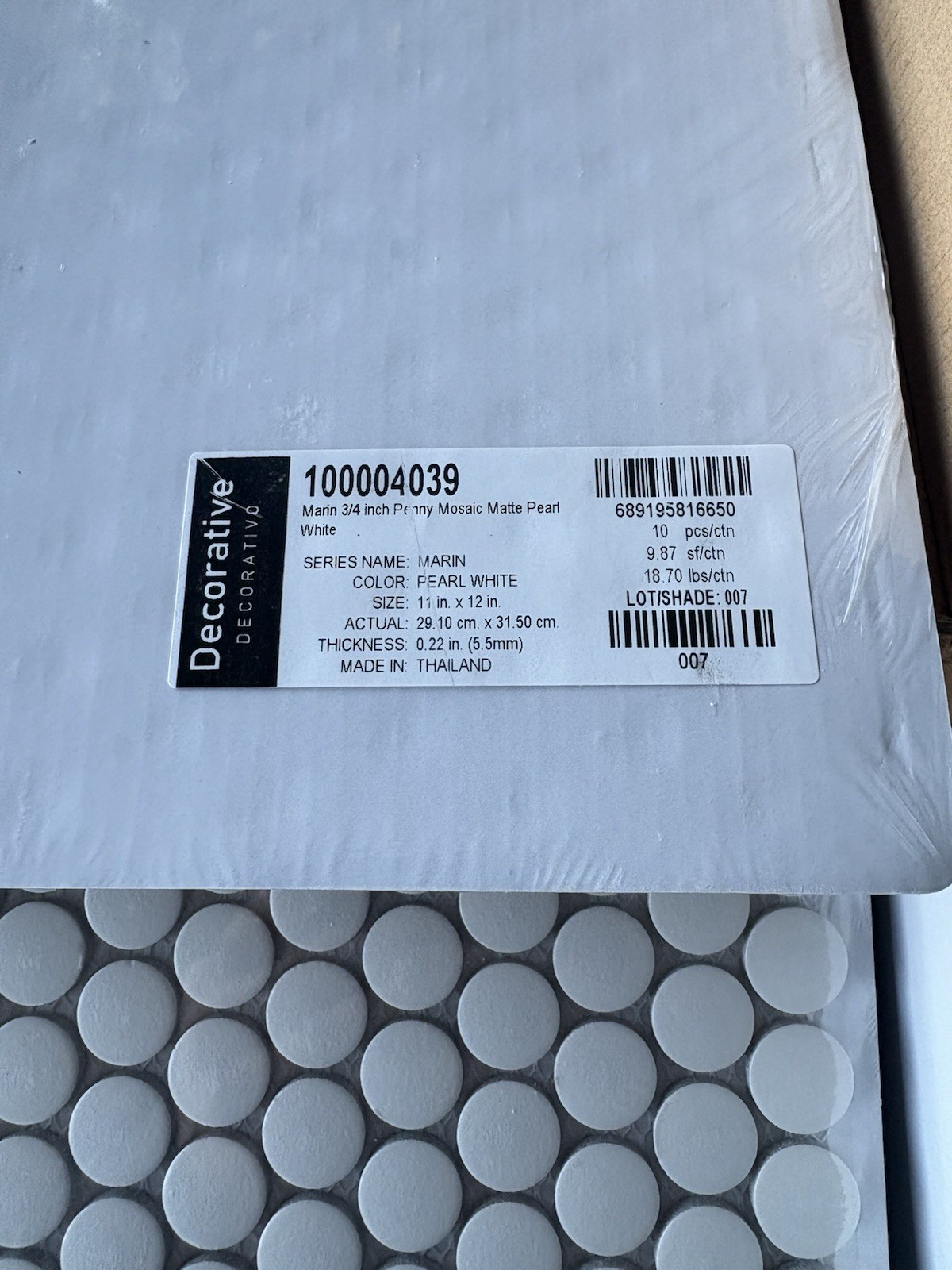 Marin 3/4 in. Penny Round Matte Porcelain in Pearl White. Bedrosians 8 Sheets