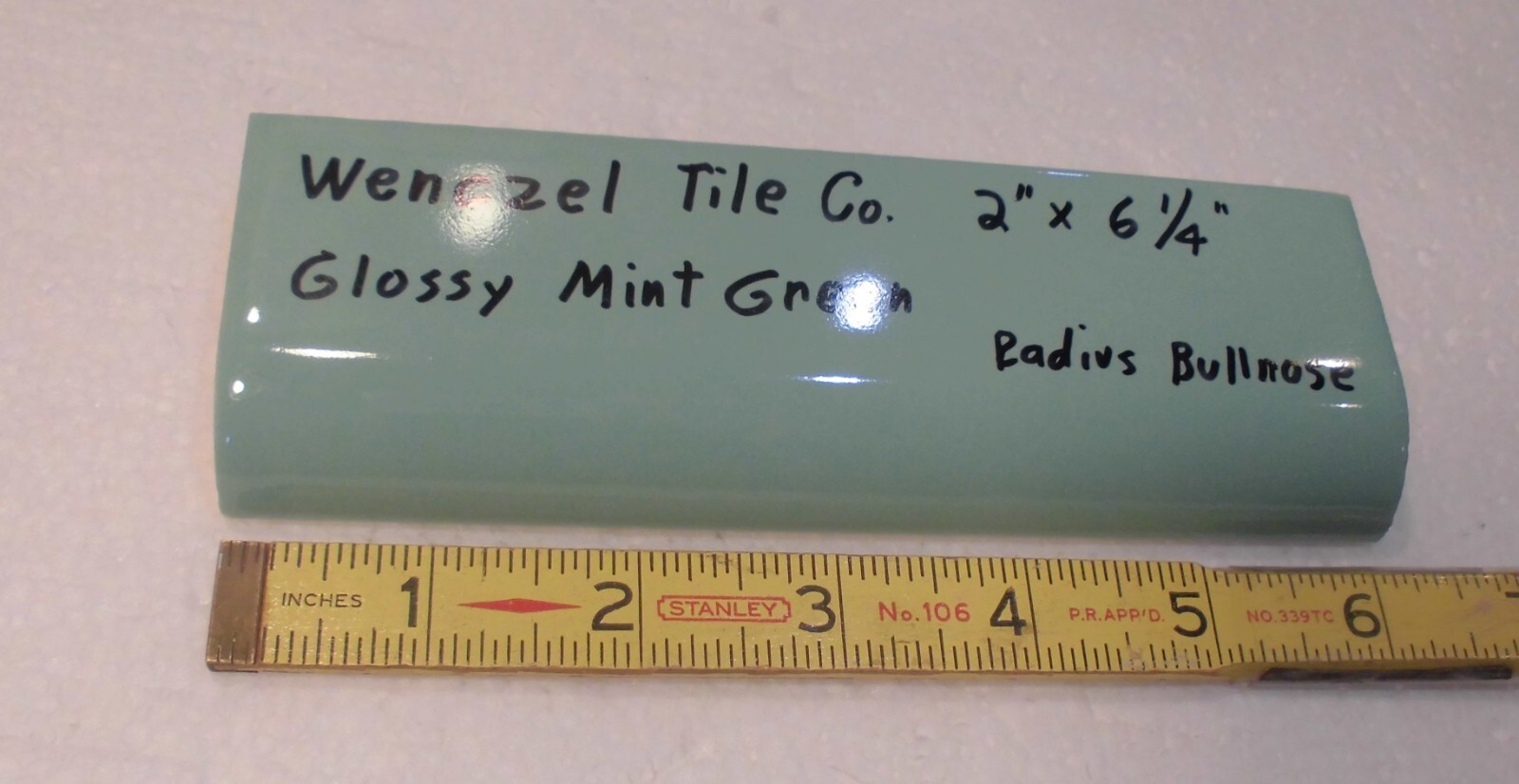 1 pc. Mint Green: Glossy Ceramic Radius Bullnose Tile: Wenczel Co. 2″ X 6-1/4″