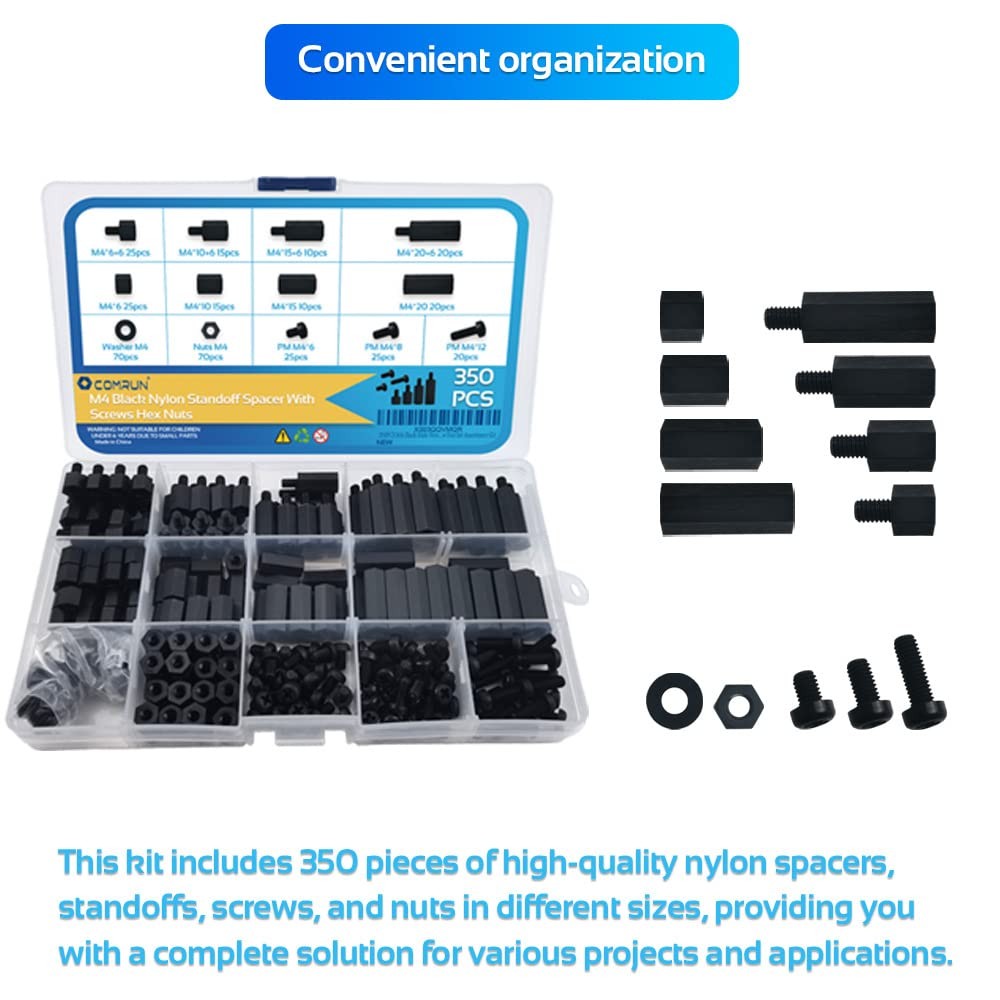 COMRUN 350PCS M2.5 Black Male Female Nylon Hex Spacer 350Pcs M2.5,