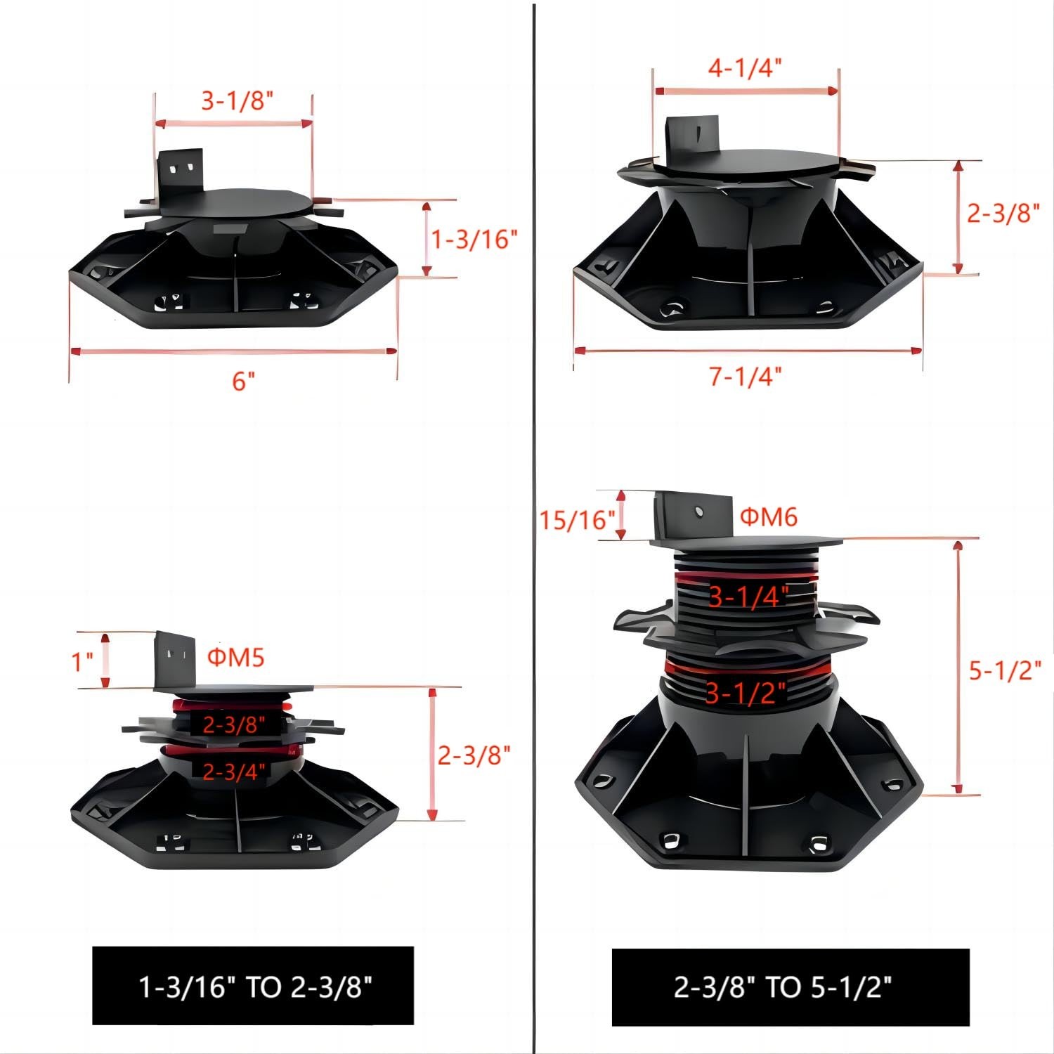 12-Pack Adjustable Pedestal Base for Floating Decks – Height 2-3/8″ to 5-1/2″, B