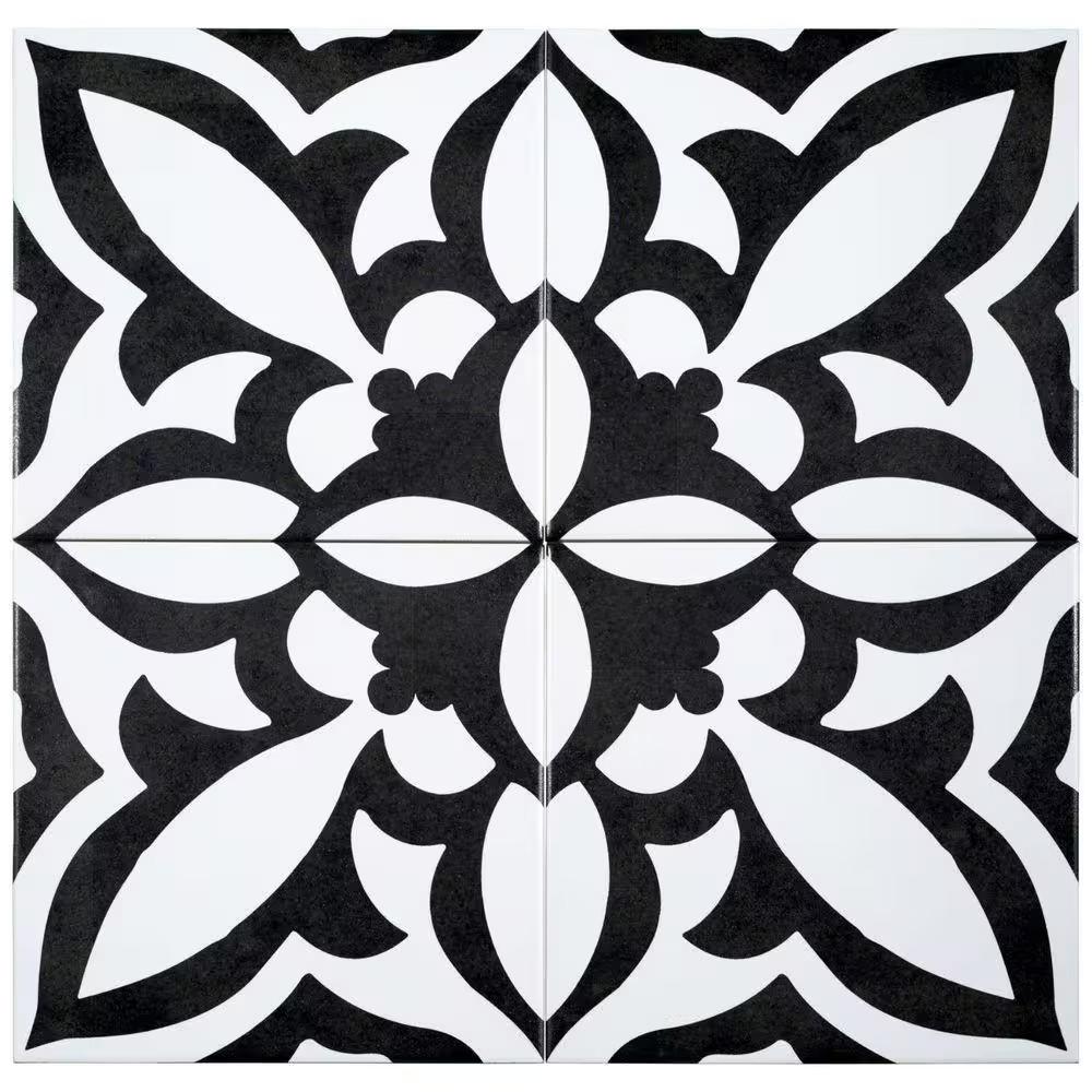 Luv Ti’Amo Black and White 8 In. Encaustic Patterned Matte Porcelain Wall and Fl