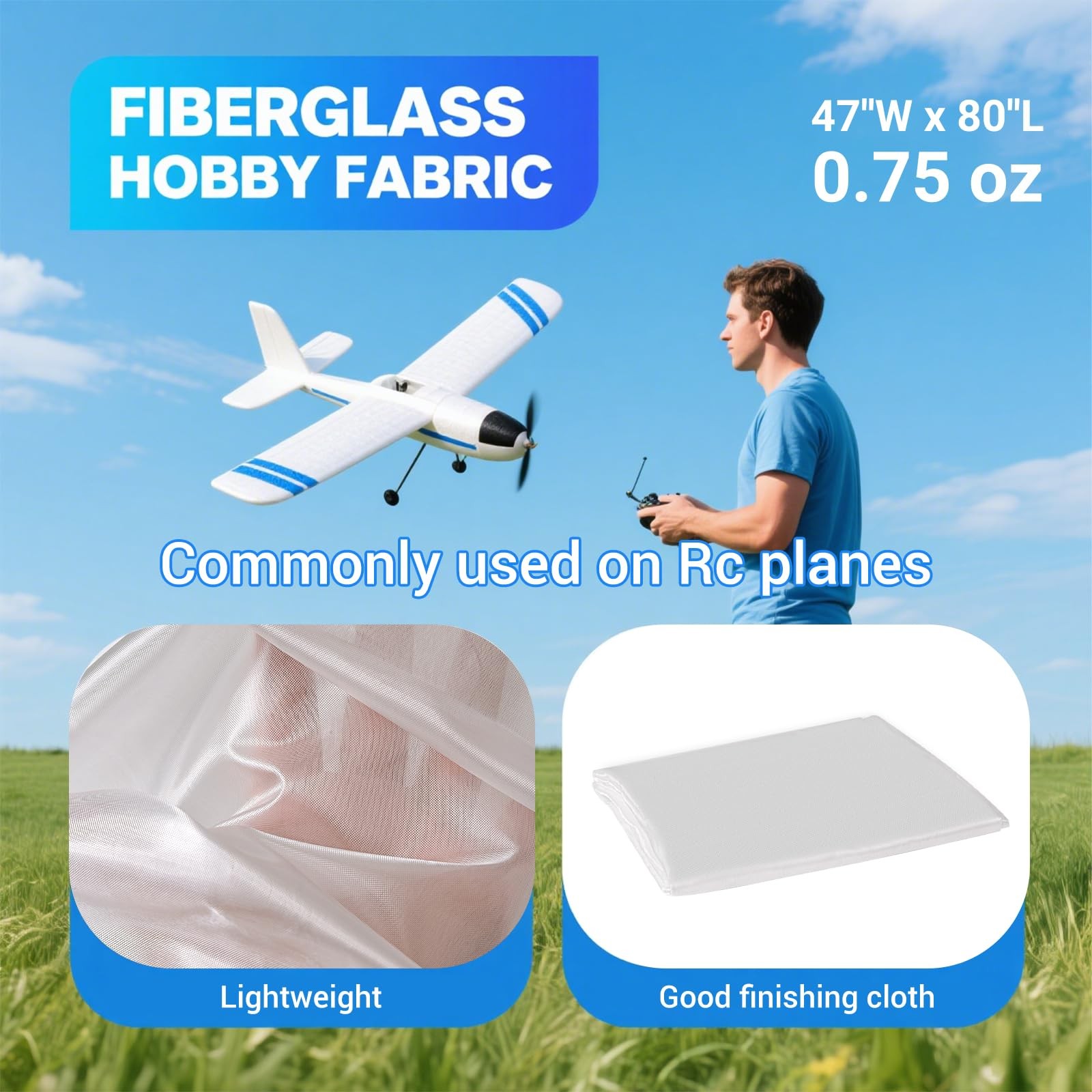 Roadtofree 1 Pcs Lightweight E-Glass Fiberglass Cloth, 0.75 oz 1 PC, Silvery