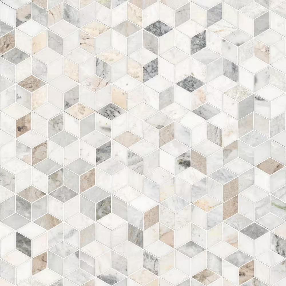 Arabescato Carrara Venato Cube 11 In. X 13 In. Mixed Marble Mesh-Mounted Mosaic