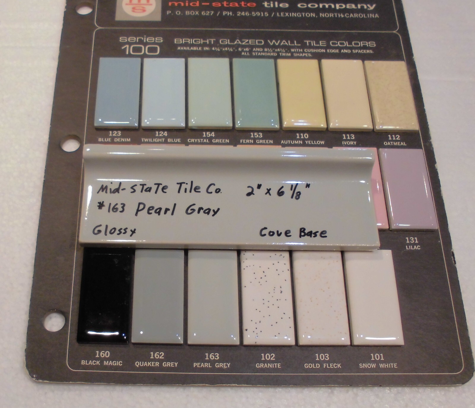 1 pc. Pearl Gray: 2” X 6-1/8” Glossy Ceramic Cove Base Tile, Flat Top, NOS