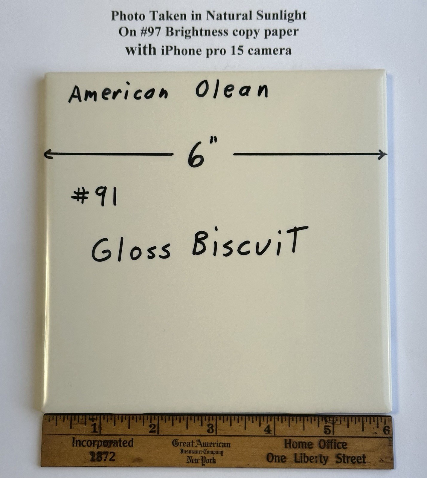 1 pc. 6″ X 6″ Gloss Biscuit: 6″ X 6″ Ceramic Tile #91 by American Olean, NEW