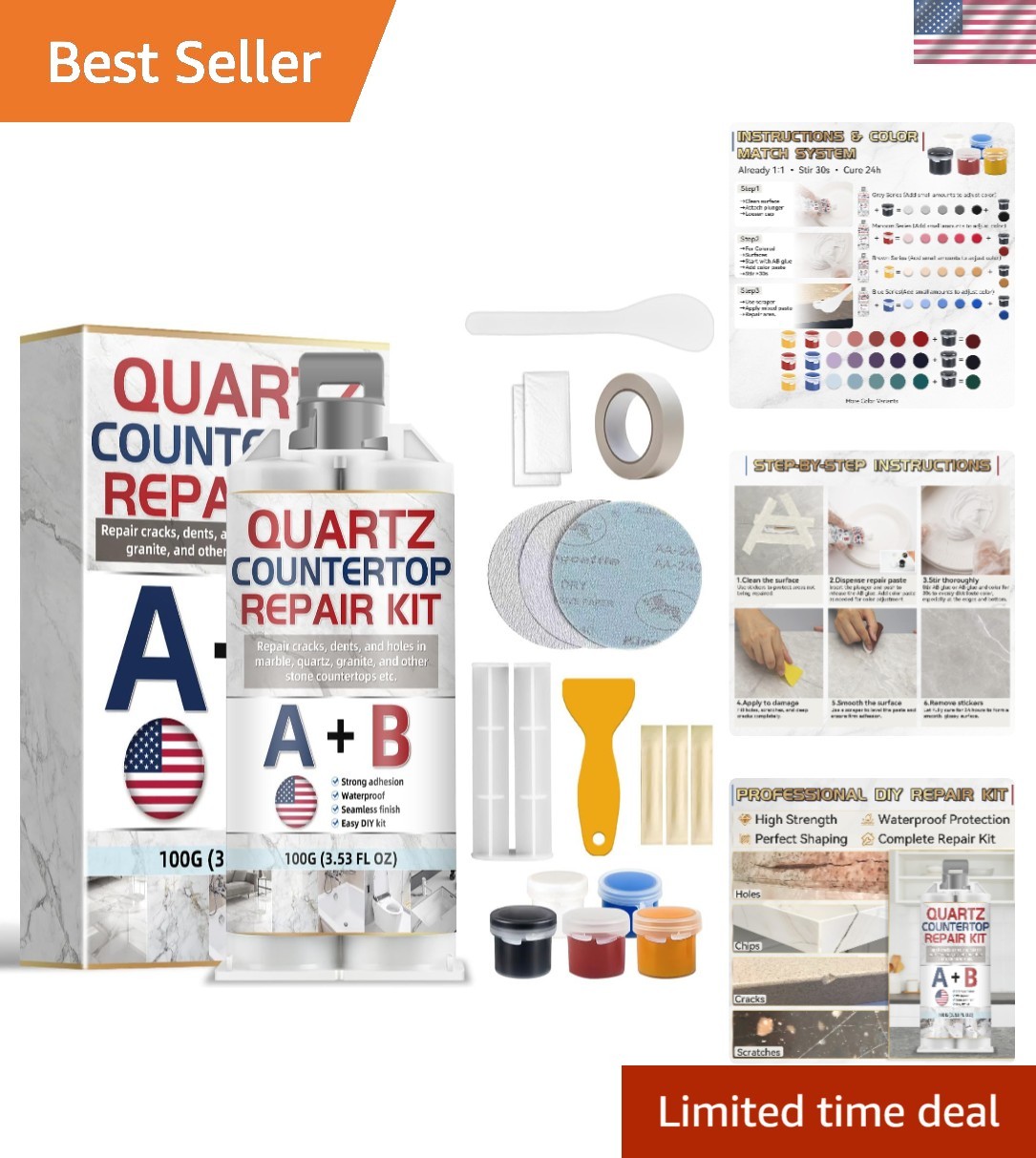 Quartz Countertop Repair Kit, Granite Repair Kit, Strong Bond, Seamless Fix, …