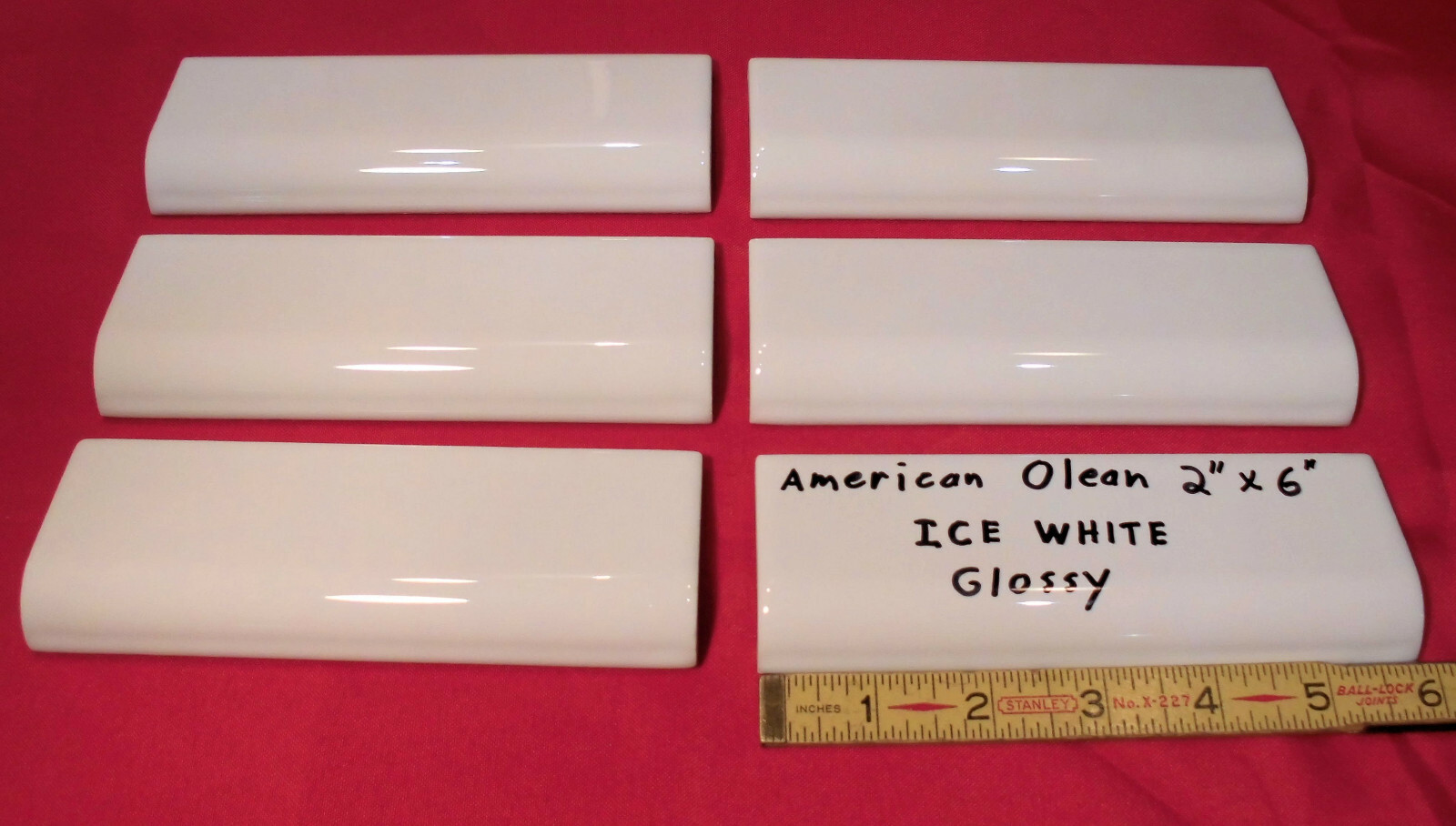 6 pcs. *Glossy Ice White* 2″ X 6″ X 5/8″ Ceramic Radius Bullnose Tiles; NEW
