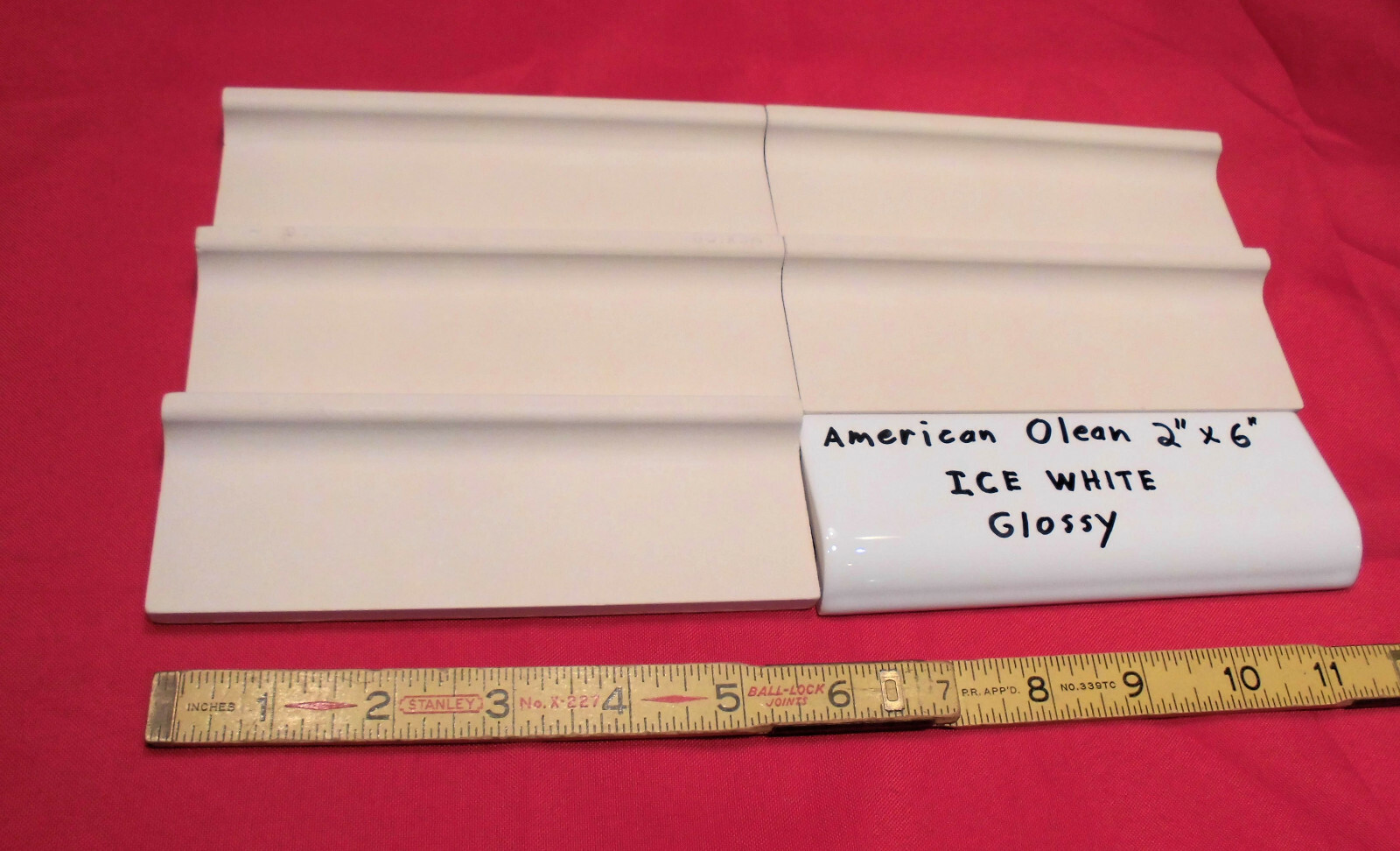 6 pcs. *Glossy Ice White* 2″ X 6″ X 5/8″ Ceramic Radius Bullnose Tiles; NEW