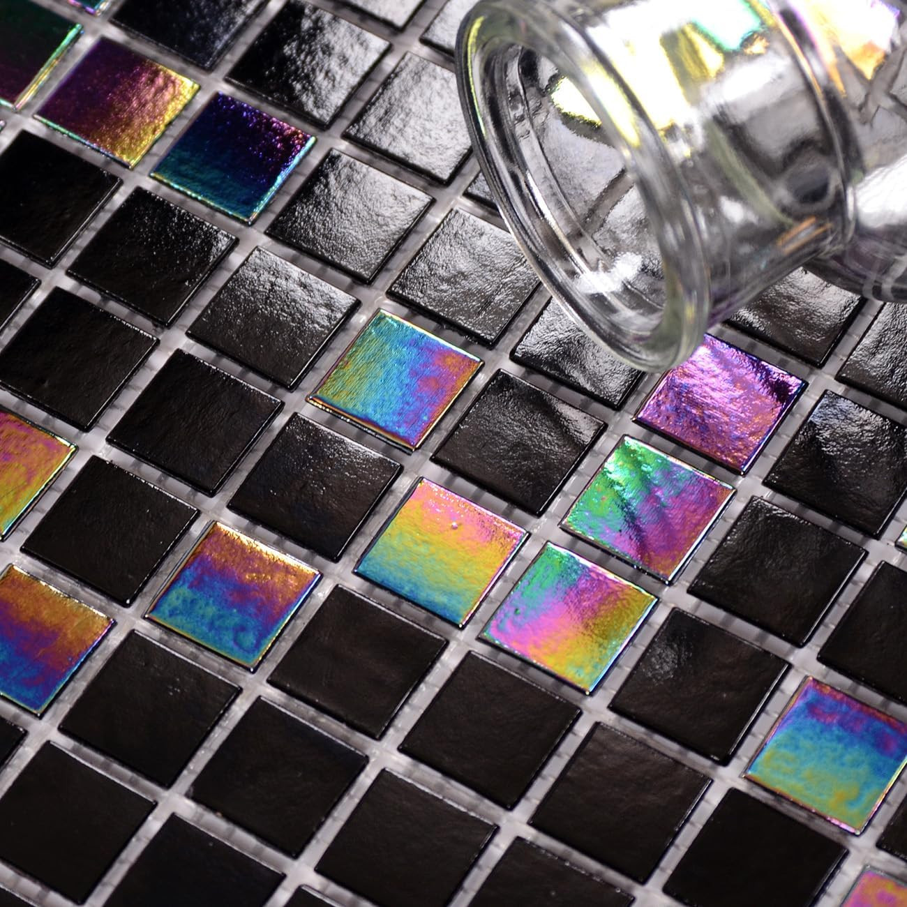 11.5Sqft Iridescent Black Mosaic Tiles for Bathroom Floor and Wall, Kitchen Back