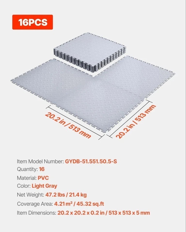 Garage Floor Tiles Interlocking 16 Pack 20.2×20.2×0.2 in PVC Light Gray