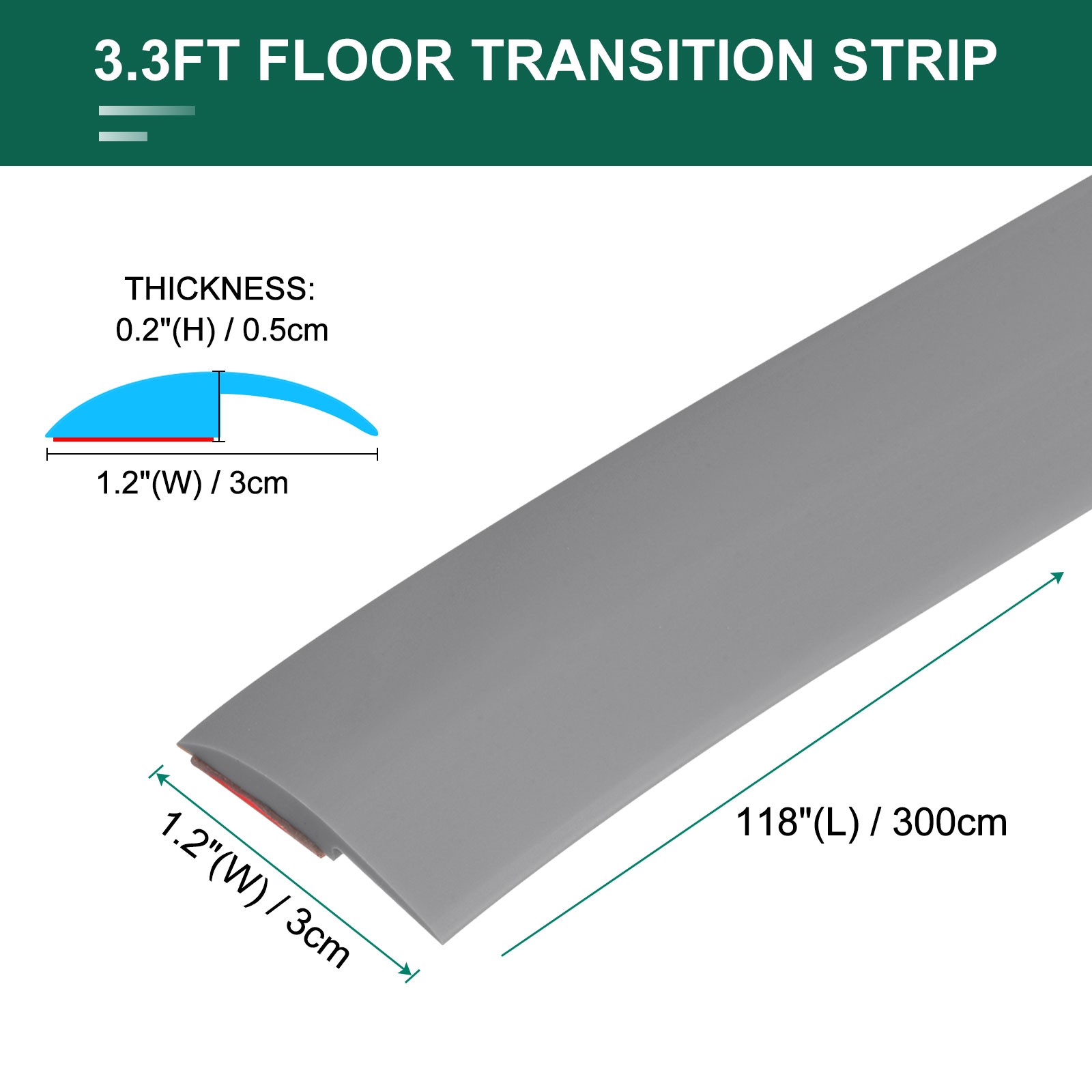 9.84ft PVC Floor Transition Strip, Self Adhesive Backing Carpet to Tile Gray
