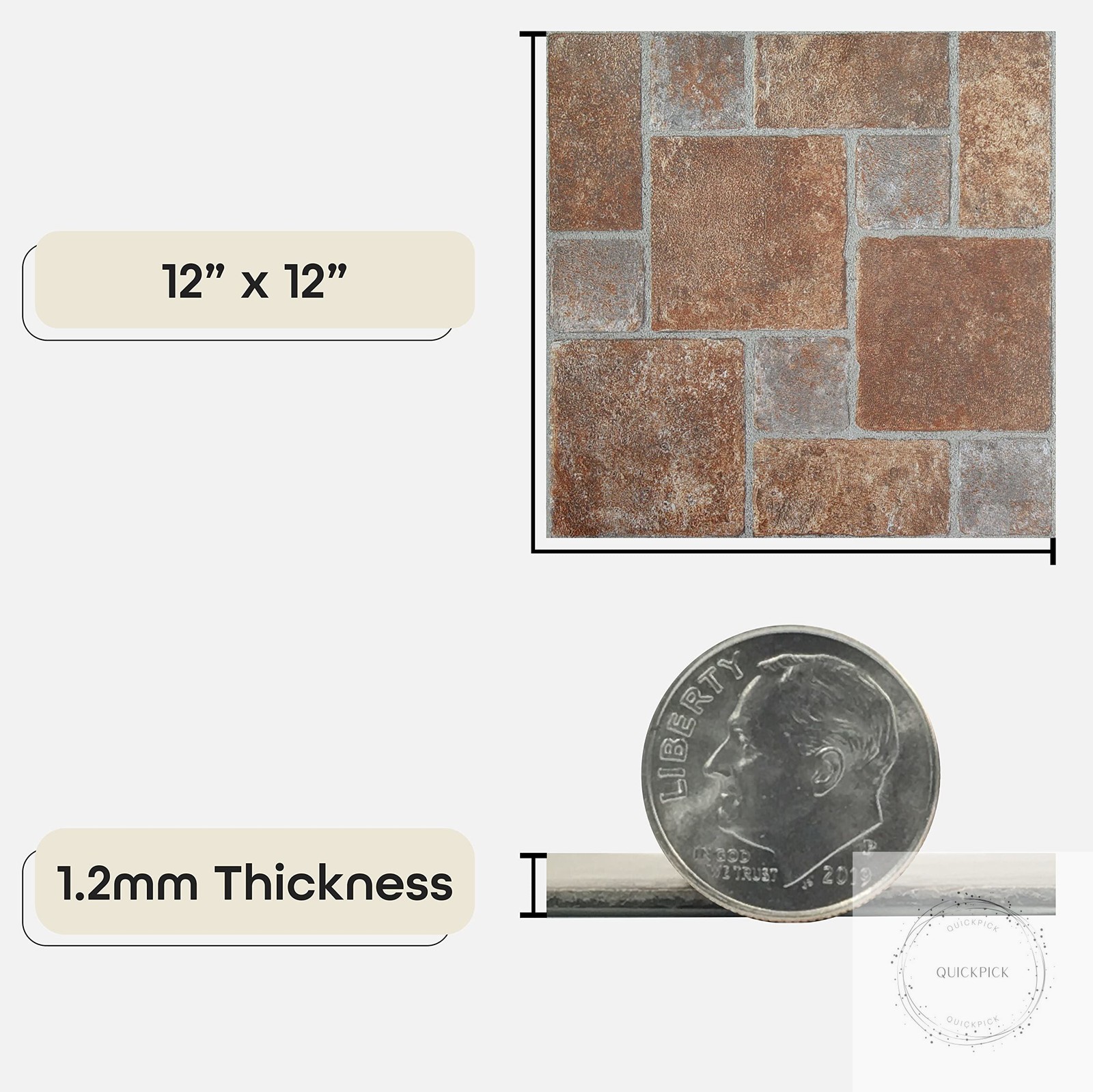 Nexus Self Adhesive 12-Inch Vinyl Floor Tiles, 20 Tiles – 12″ x 12″ Brick Pavers