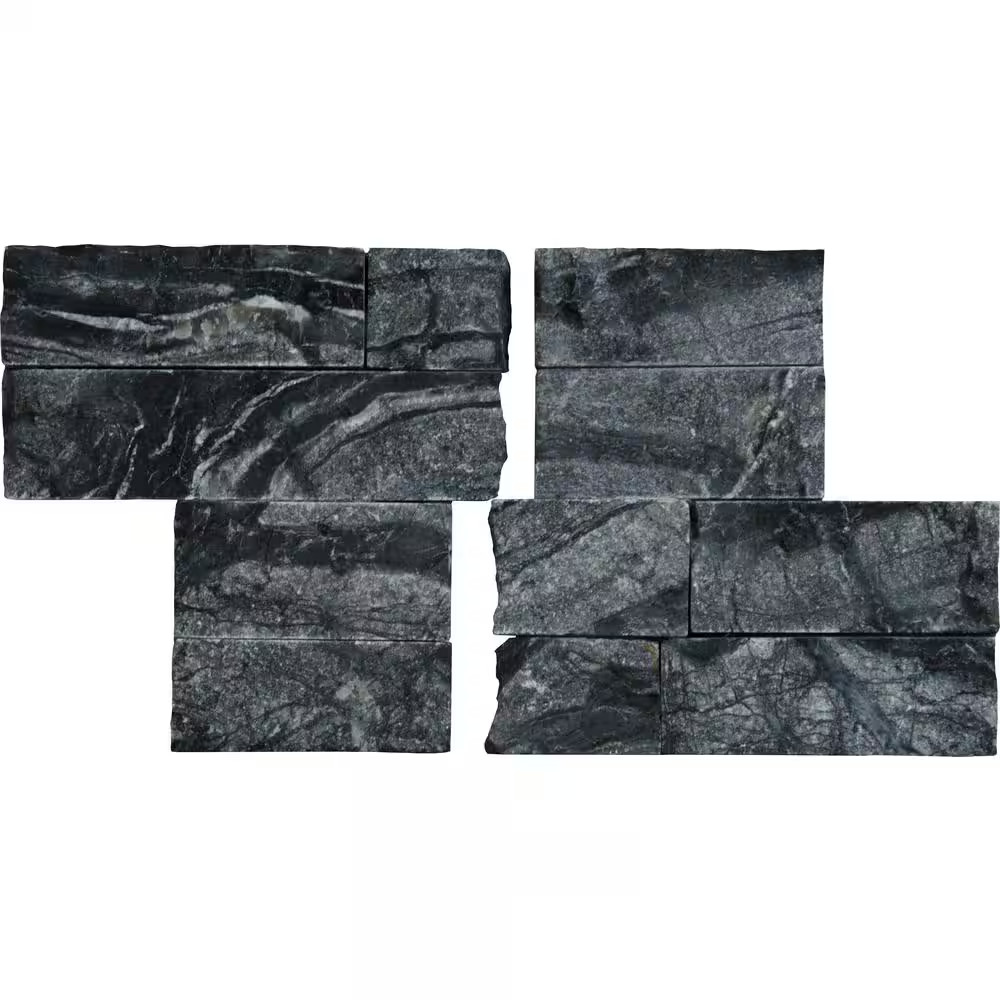Glacial Black Ledger Panel 6 In. X 24 In. Splitface Marble Wall Tile (6 Sq. Ft./