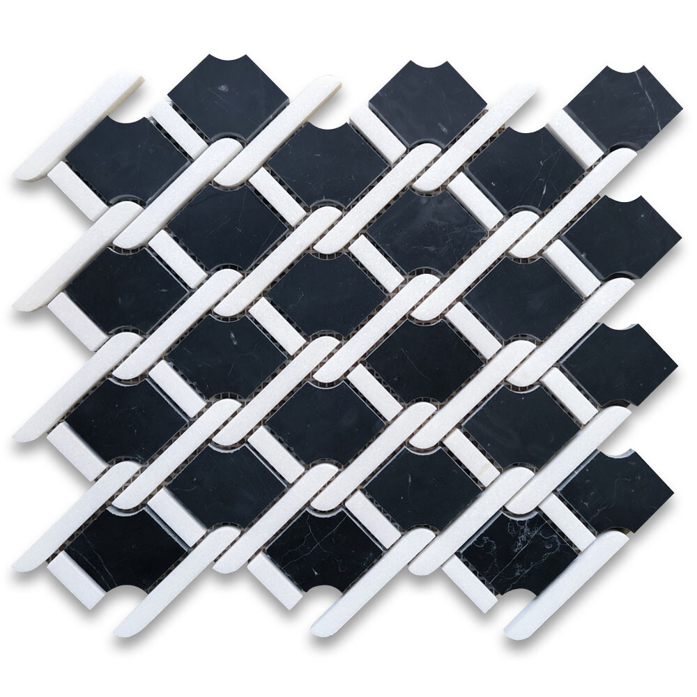 N2D5XP Nero Marquina Black Marble Princess Weave Rope Mosaic Tile White