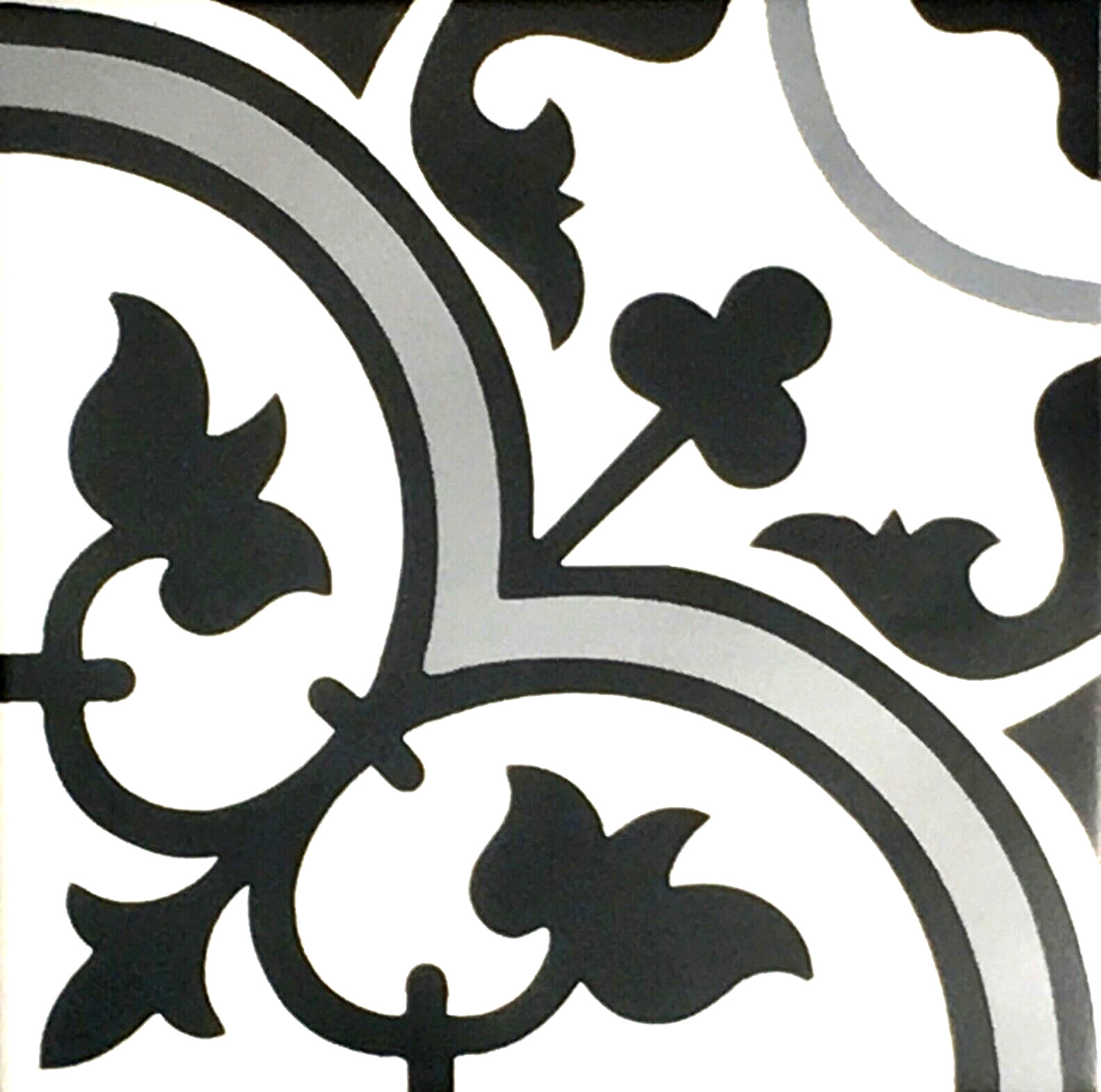 8×8 Flora Gray Black White Encaustic Design Satin Glaze Ceramic (1 PIECE ORDER)