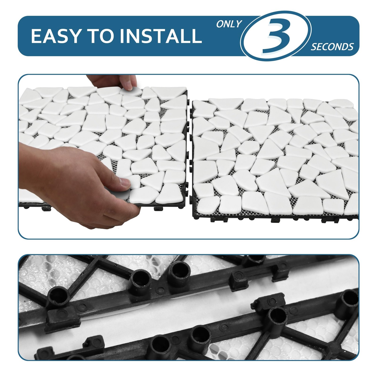 4PCS Natural Pebble Interlocking Deck Tiles, 12″ x 12″ Recycled Glass Marble …