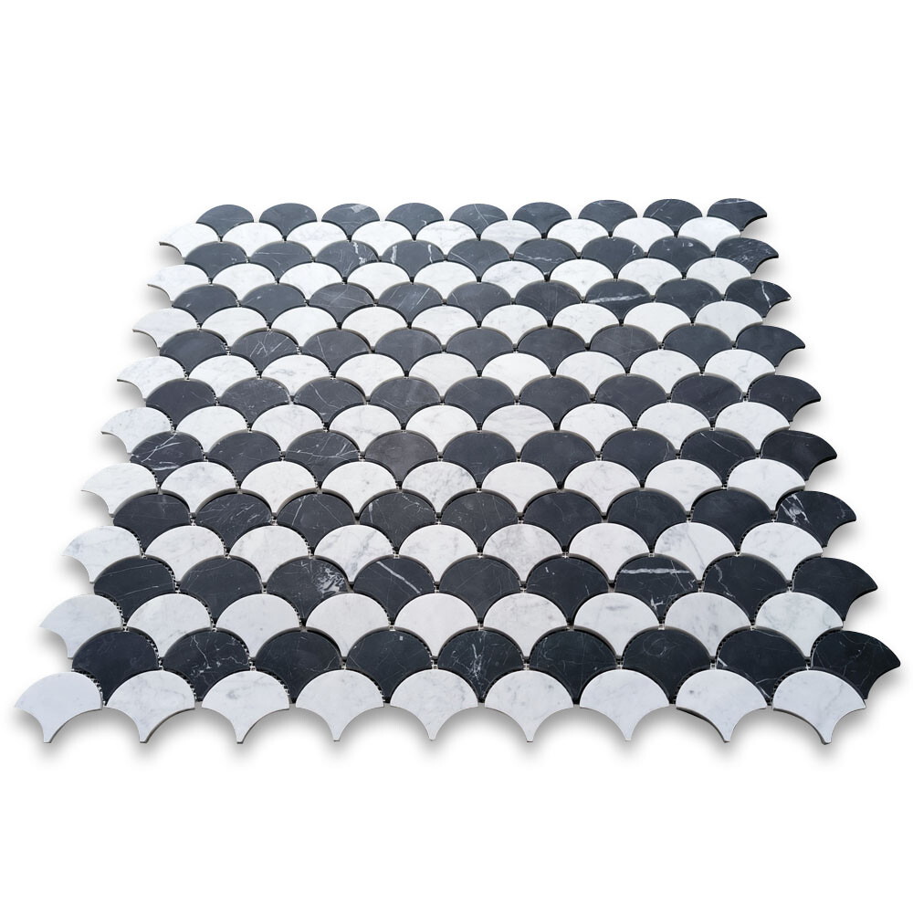 C9931XH Carrara White Nero Marquina Black Marble Fish Scale Fan Mosaic Tile