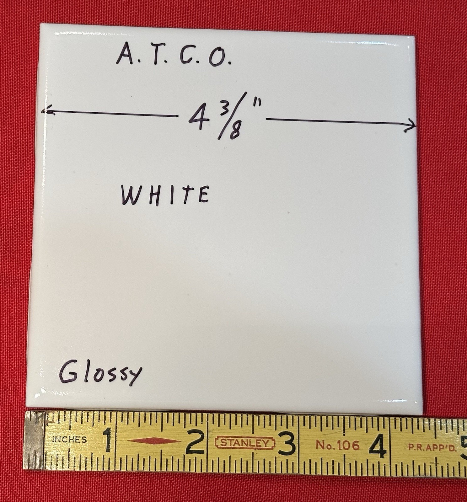 1 pc. Gloss White: 4-3/8″ Glossy Ceramic Tile by A.T.C.O. NEW OLD STOCK