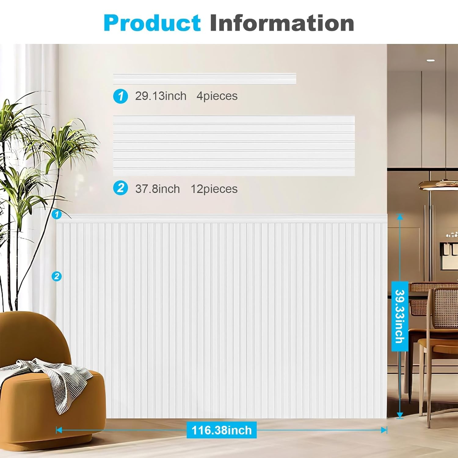 Wainscoting Wall Panel Kit 37.8″ Tall Beadboard Panels Walls Polystyrene Board &