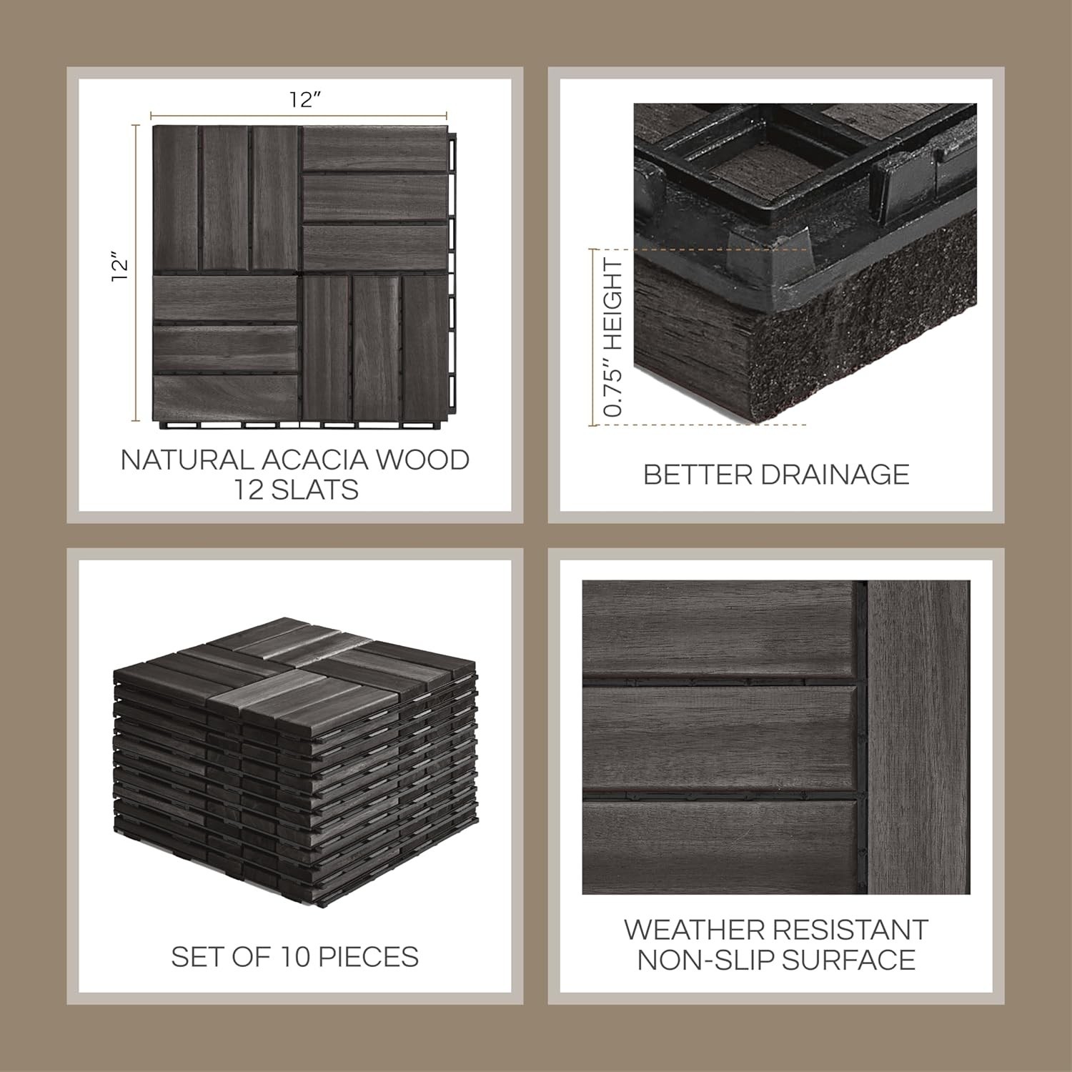 10 Pcs Deck Tiles, Patio Flooring – Outdoor Waterproof Acacia Wood Tiles for…