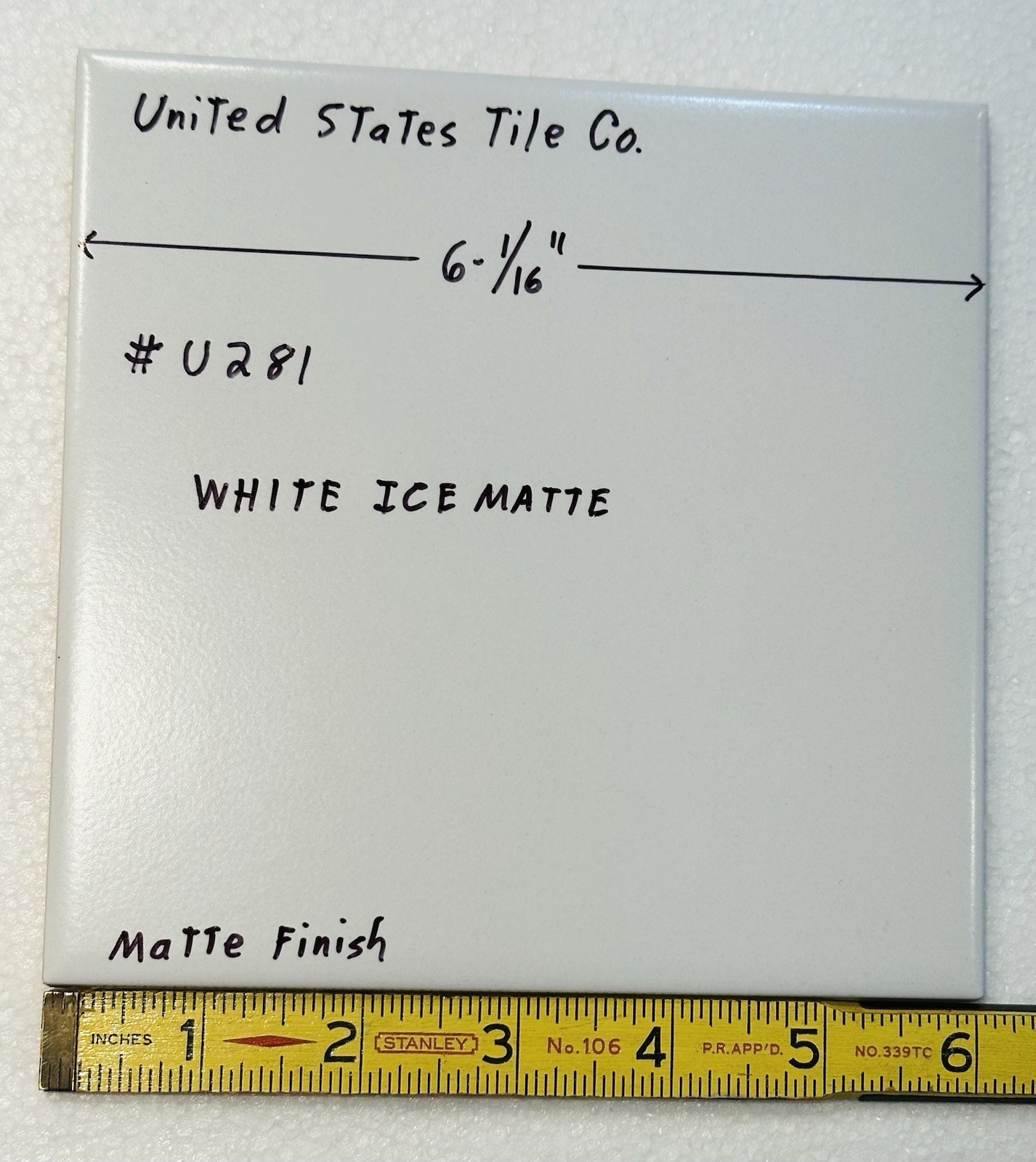 1 pc. White Ice: 6-1/16″ Matte Ceramic Tile by United States Tile Co. #U281, NEW