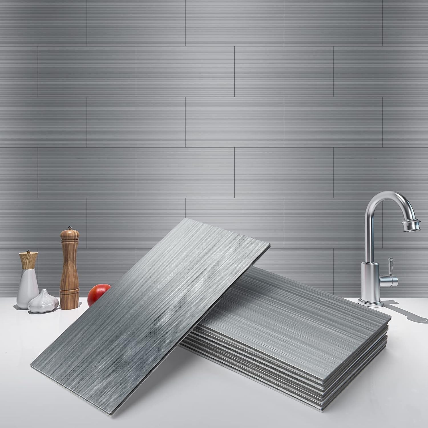 100-Pieces Peel and Stick Tile Kitchen Backsplash Metal Wall Tiles, Brushed Alum
