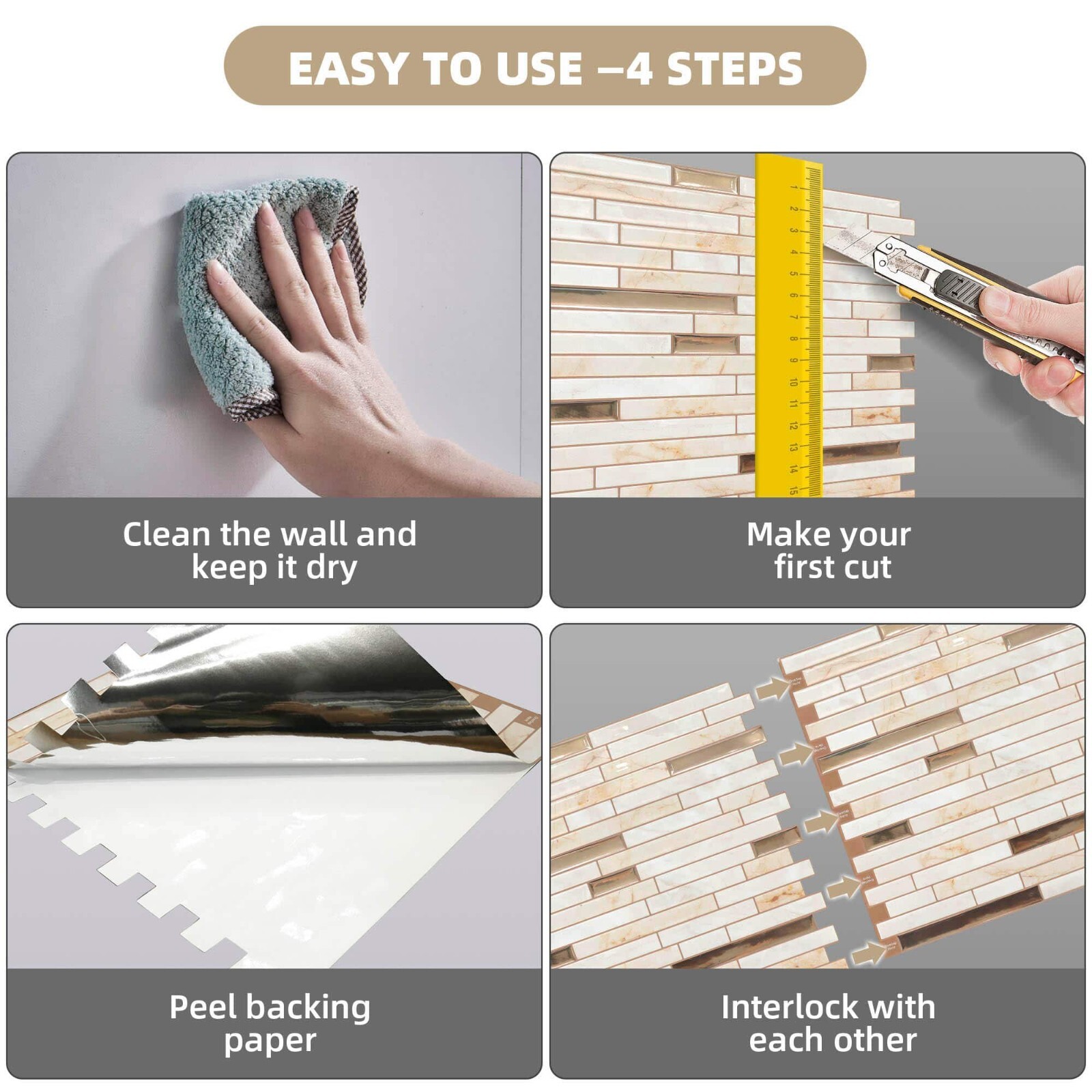 Jeedeson 12 x 12 in. Vinyl Peel and Stick Tile Backsplash Stone Beige (10-Pack)