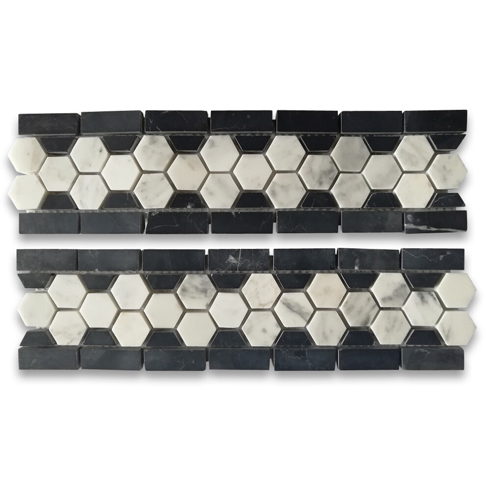 C31B1XP Carrara Venato Marble Hexagon Border Listello Mosaic Tile Polished