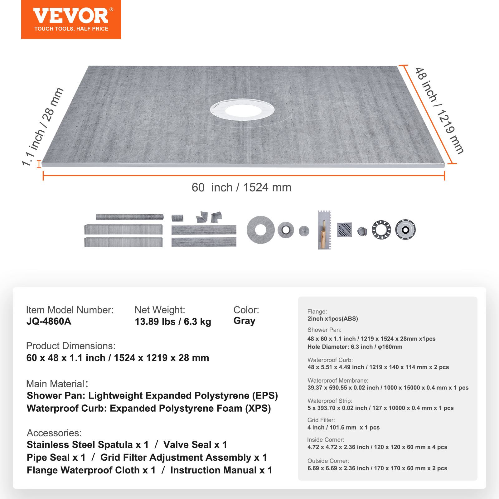 VEVOR Shower Curb Kit Shower Pan Kit 60×48″ w/ 2″ Central Flange ABS Waterproof