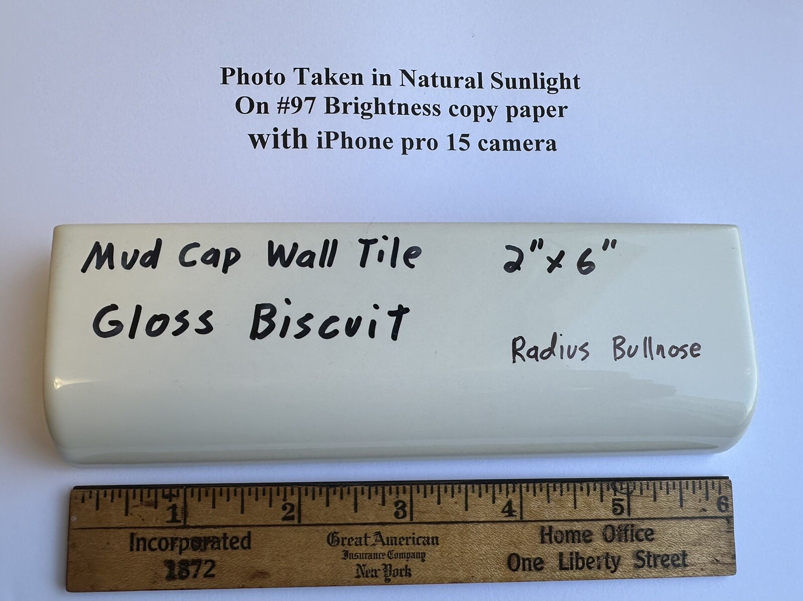 1 pc. Gloss Biscuit: 2″ X 6″ X 3/4″ Ceramic Radius Bullnose Tiles, Mud Caps, New