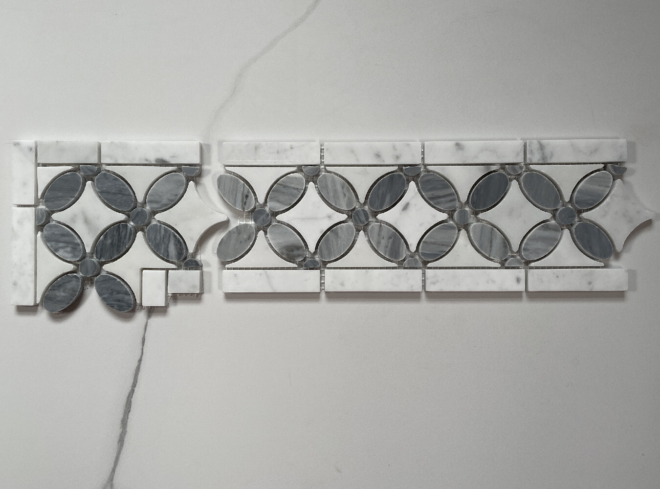 C9C7BXP White Carrara Venato Marble Flower Mosaic Border Tile Gray Polished