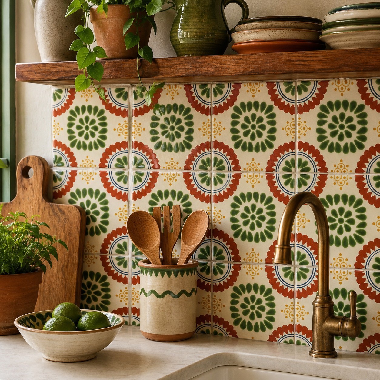 Floral Medallion Green Rosette Talavera Tile 4.25”x4.25” | Handmade Mexican Tile