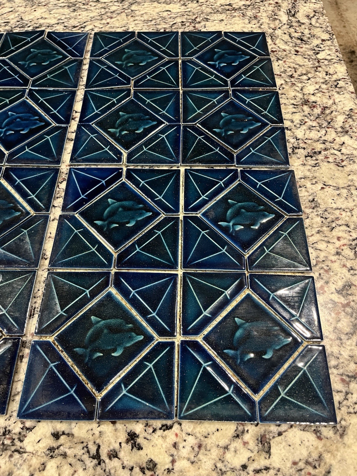Ceramic Mosiac Tiles Dolphin Ocean Nautical Theme 6 Pcs 12” X 12” New Old Stock