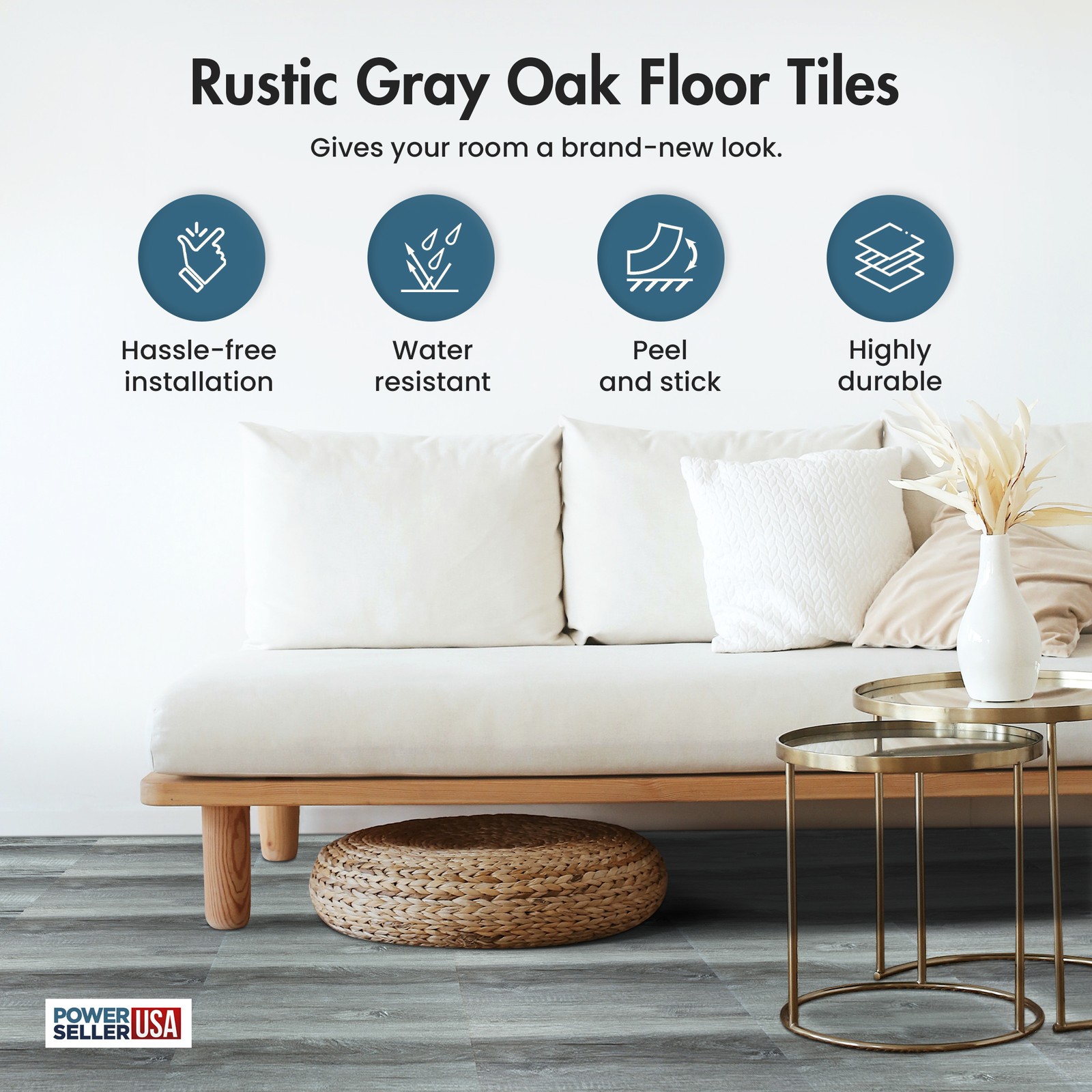 PowerSellerUSA Vinyl Self Adhesive Square Floor Tiles 20 PCS 12″ x 12″, Gray
