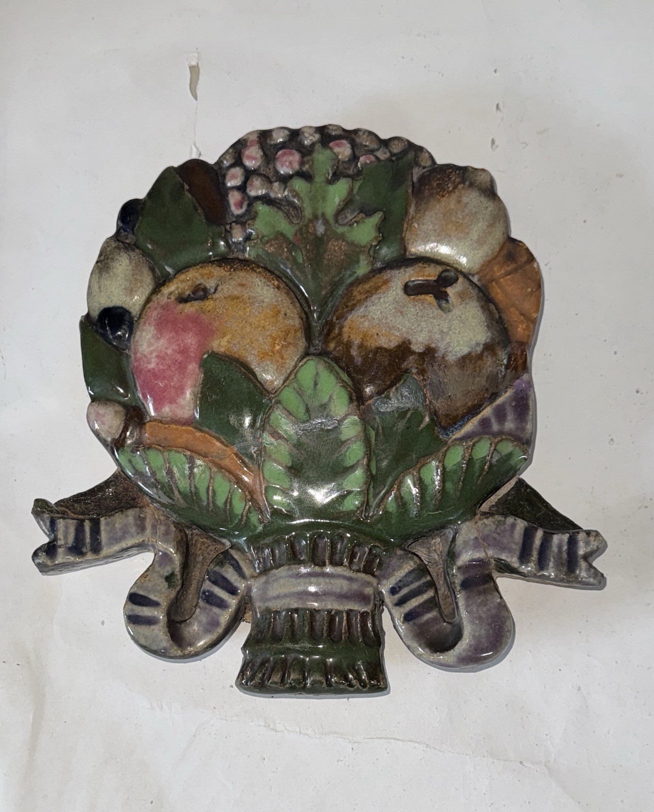 Reclaimed 1920s Ceramic Majolica Backsplash “ Bounty “ Medallion 9”x 9”