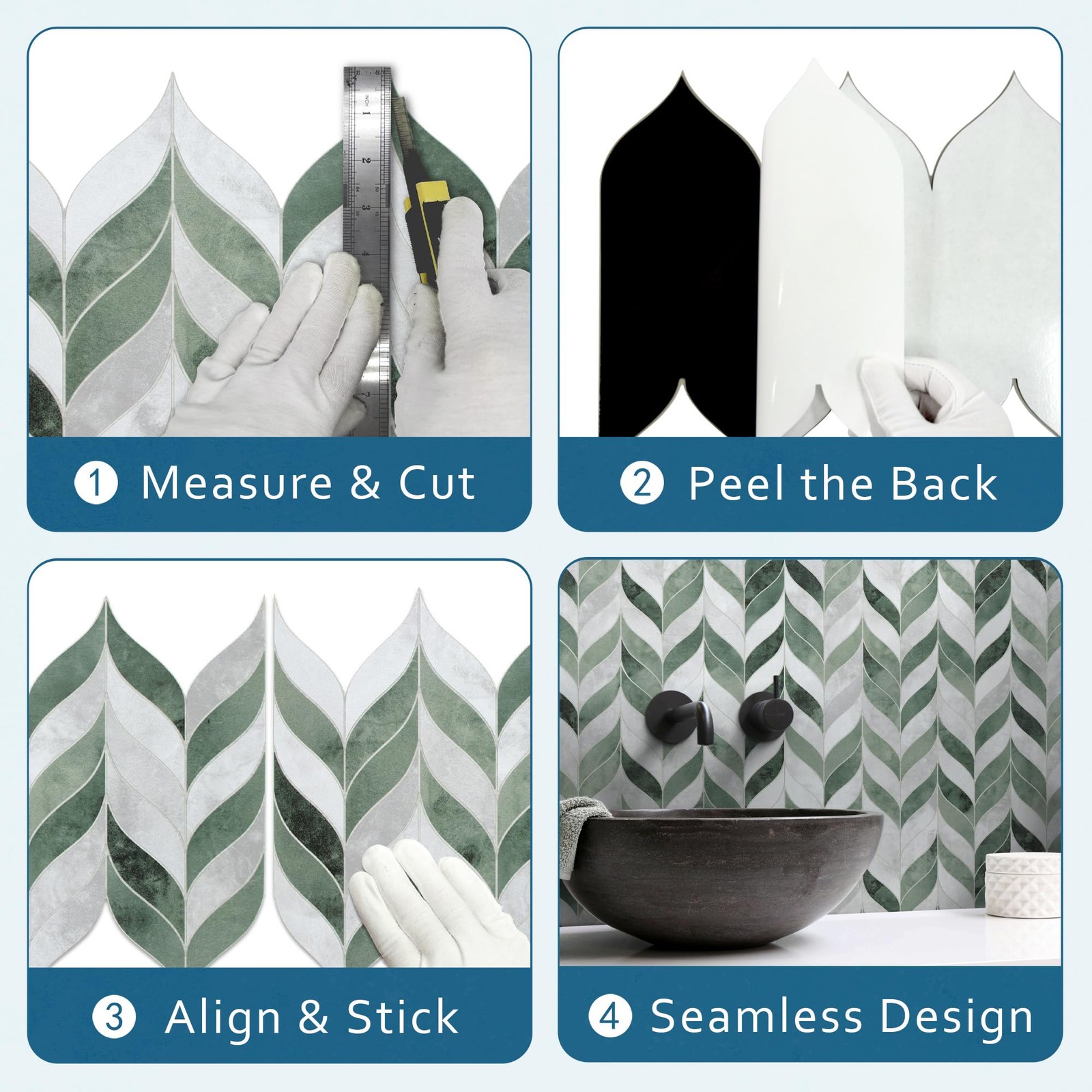 10-Sheet Leaf Waterjet Peel and Stick Backsplash, 12.4″ x 10.7″ Green Cement …