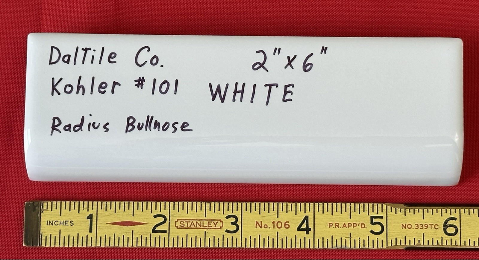 Kohler #101 White: 2″ x 6″ Ceramic Tile, Mud Cap Bullnose Radius Trim Edge, NEW