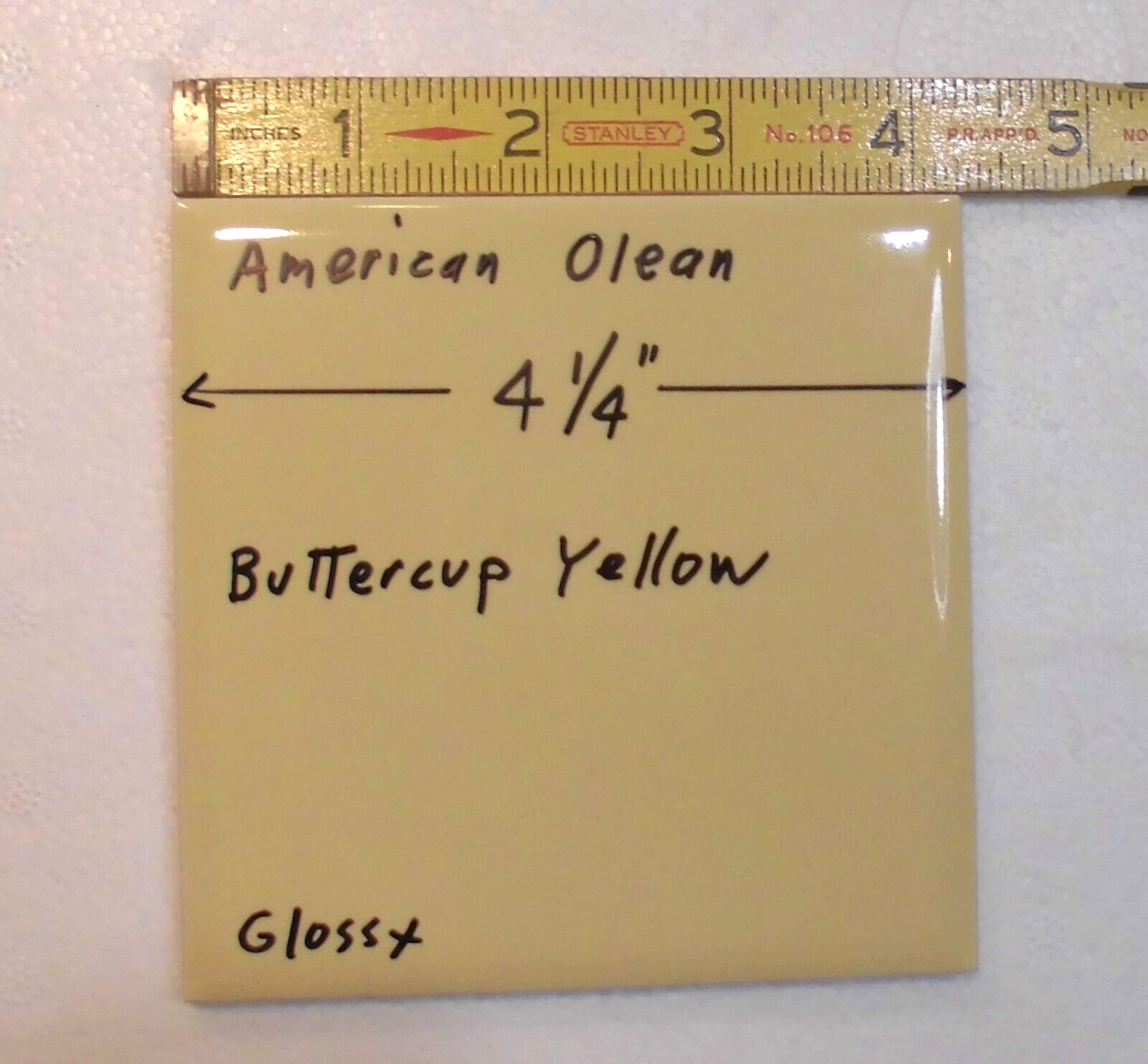 1 pc. Buttercup Yellow: 4-1/4″ Glossy Ceramic Tile by American Olean #12, NOS
