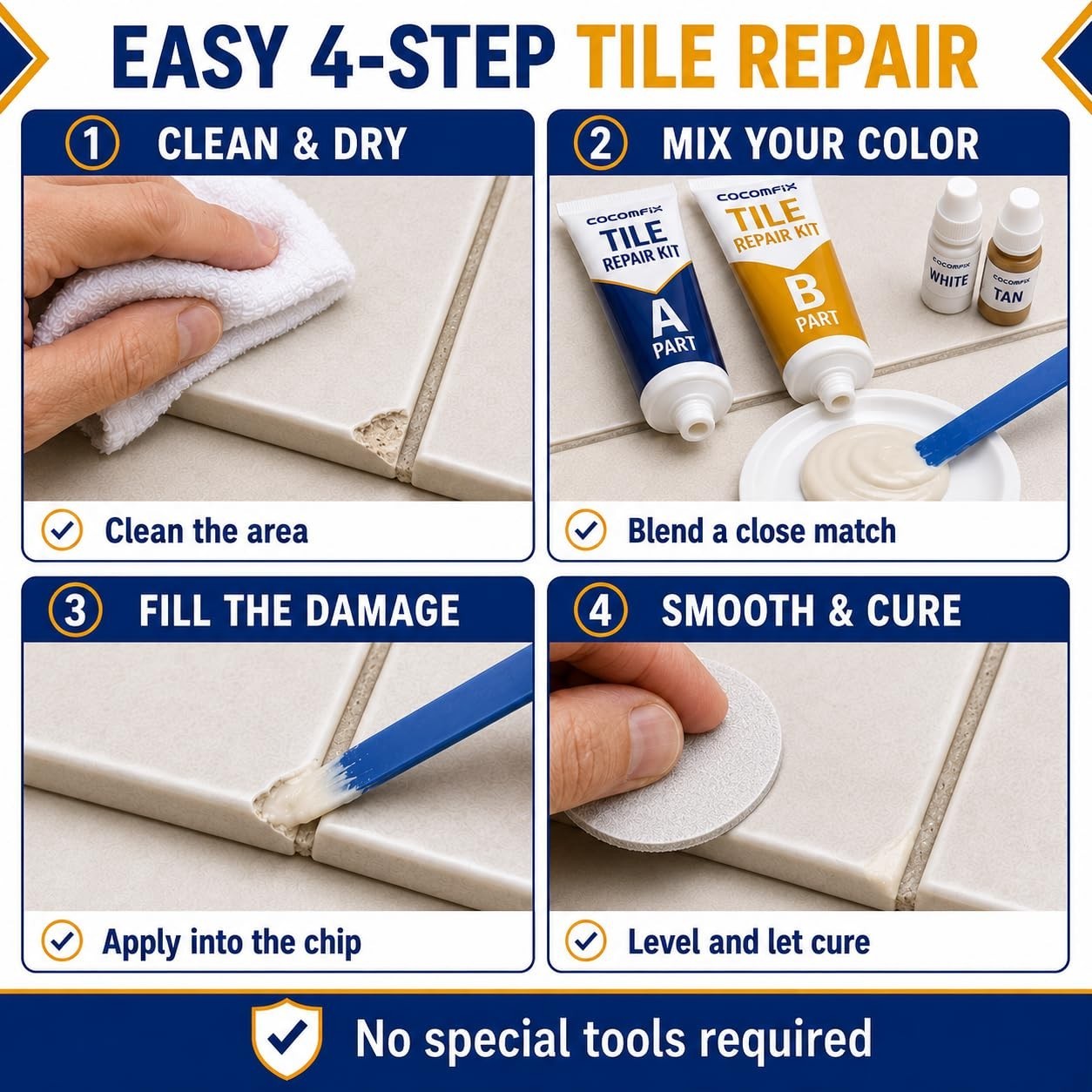 Tile Repair Kit for Chips & Cracks – Color Match, Strong Adhesion for Ceramic, P