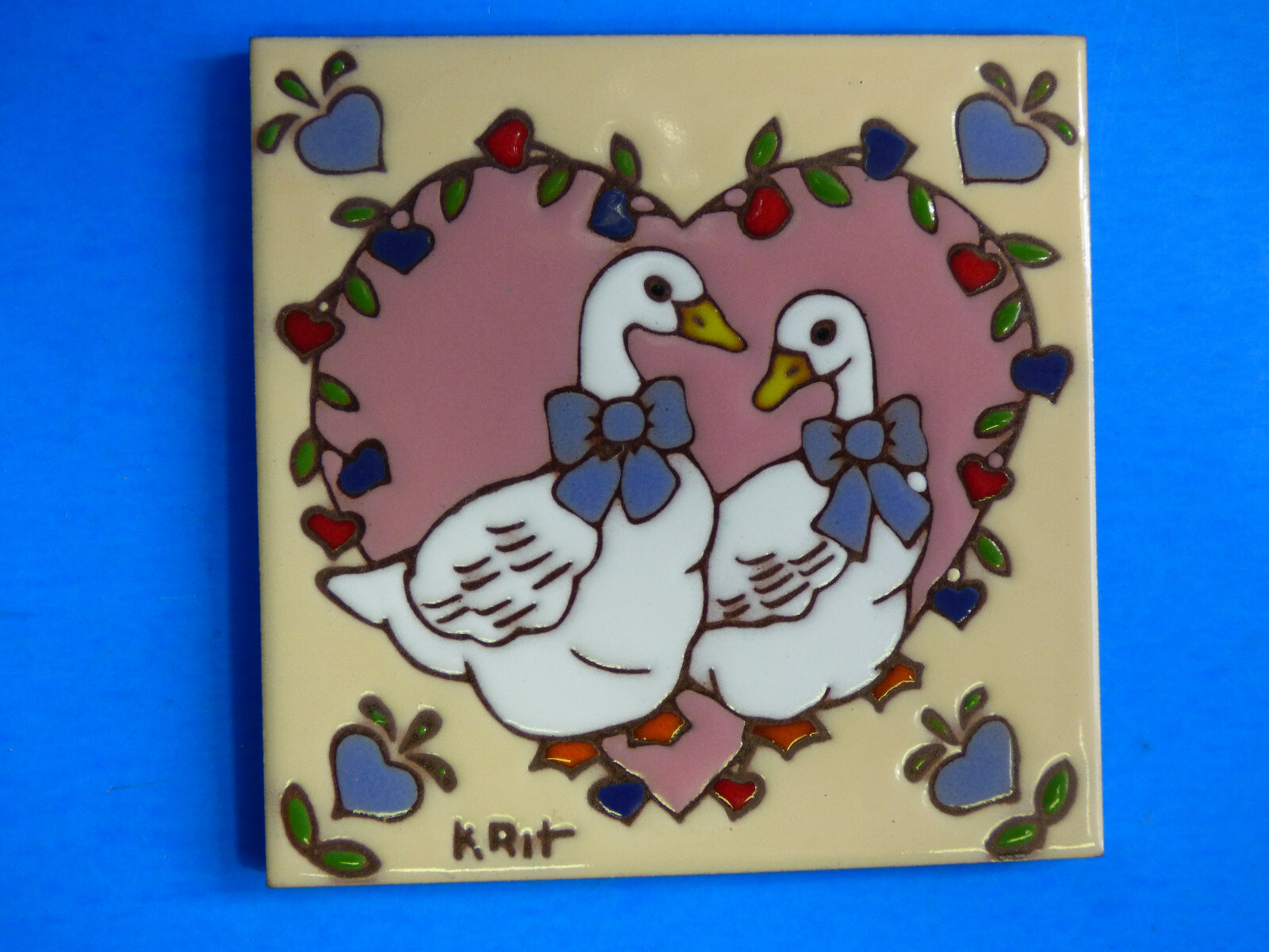 Ceramic Art Tile 6″x6″ Cute Country Geese With Hearts & Bows Trivet Wall New M49