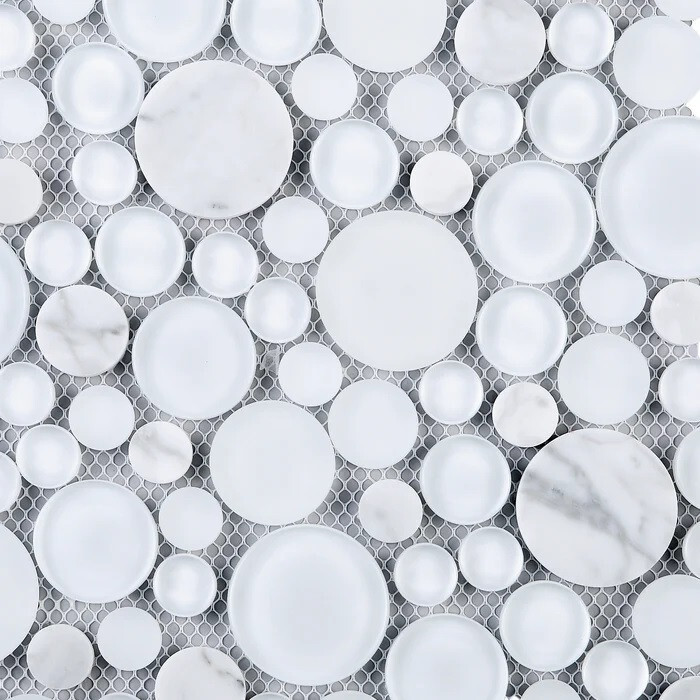 BUBW-02 White Glass And Carrara Bubble Mosaic Tile, 10-1/2″ x 10-1/2″ x 8mm, NEW