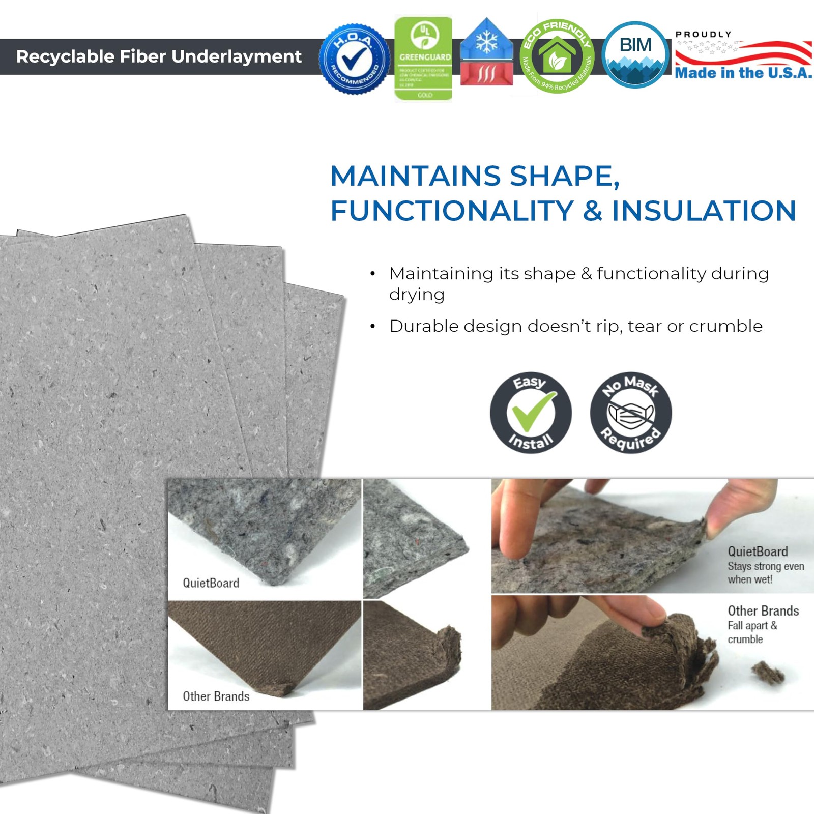 QuietBoard QBOARD23 Recycled Fiber Flooring Underlayment 90 SQFT 2 ft x 3 ft x 6