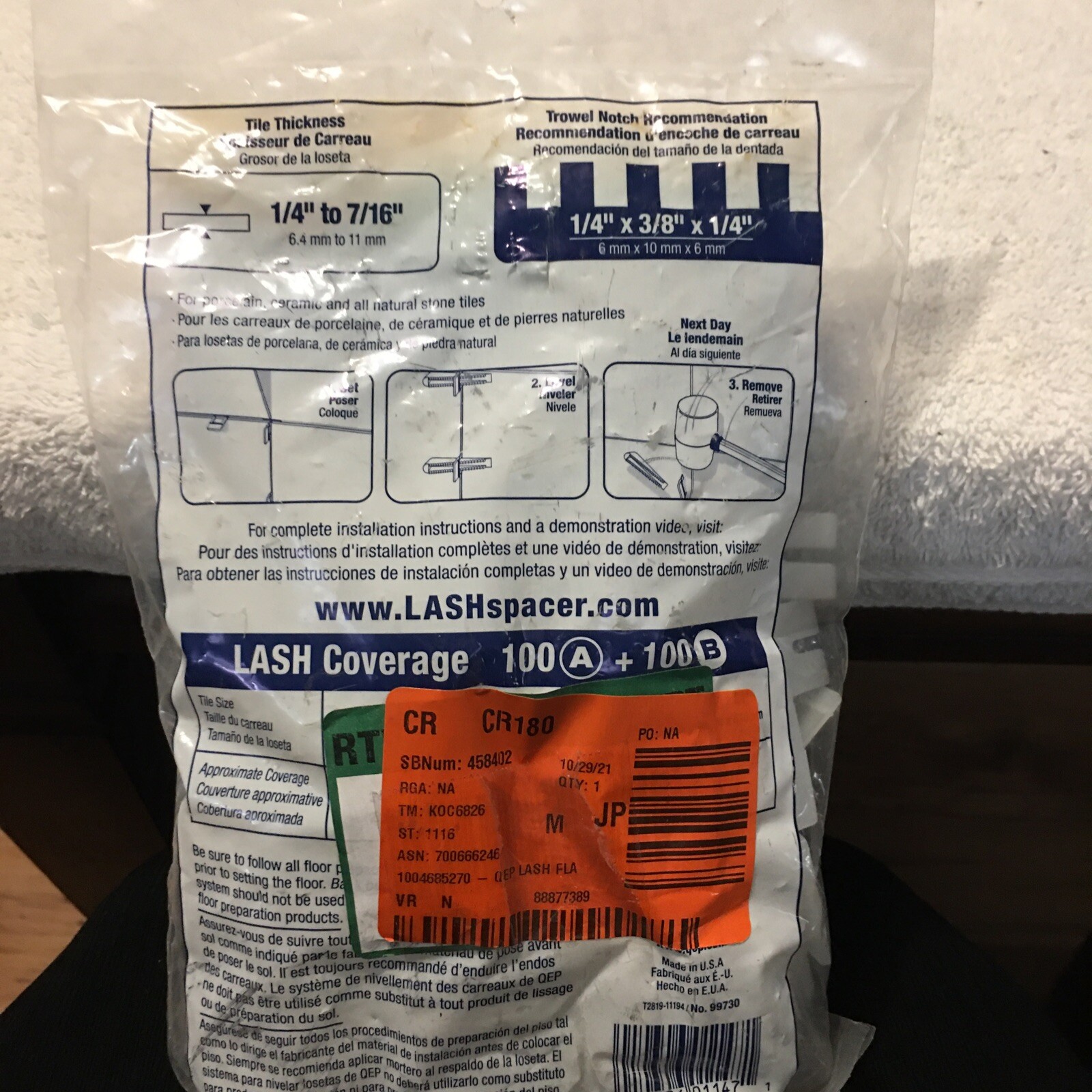 LASH Flat Floor and Wall Tile Leveling System Clips 1/16” 1.5 MM Part A 100 Pk