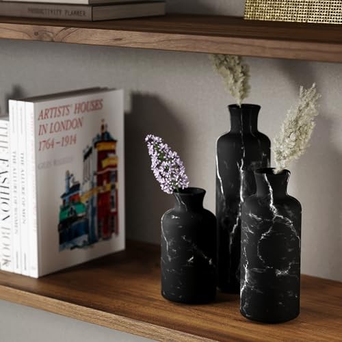 Black Marble Look Vase Set – Vases Home Decor, Premium Matte Black Marble Look