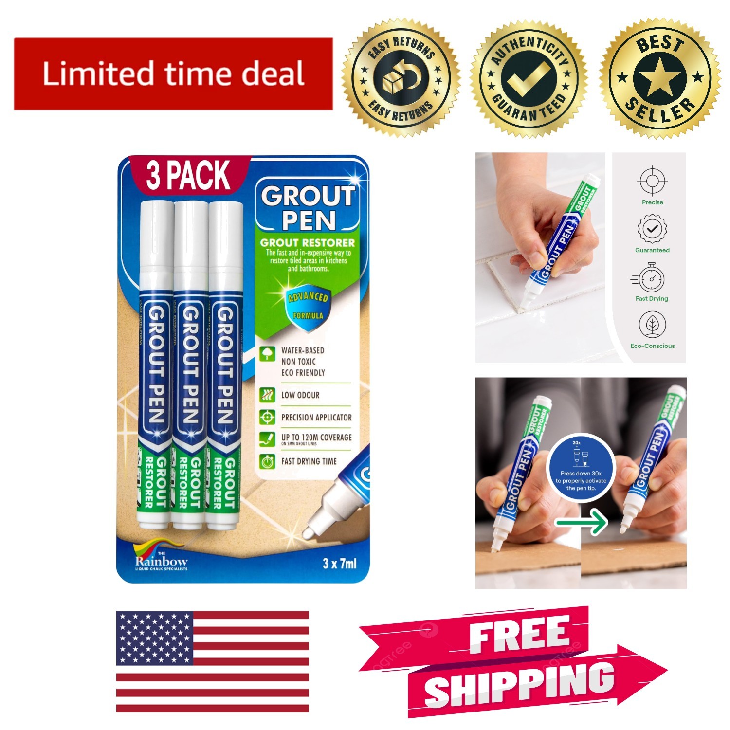 Non-Toxic White Grout Whitener Pen – 3 Pack of Waterproof Grout Markers