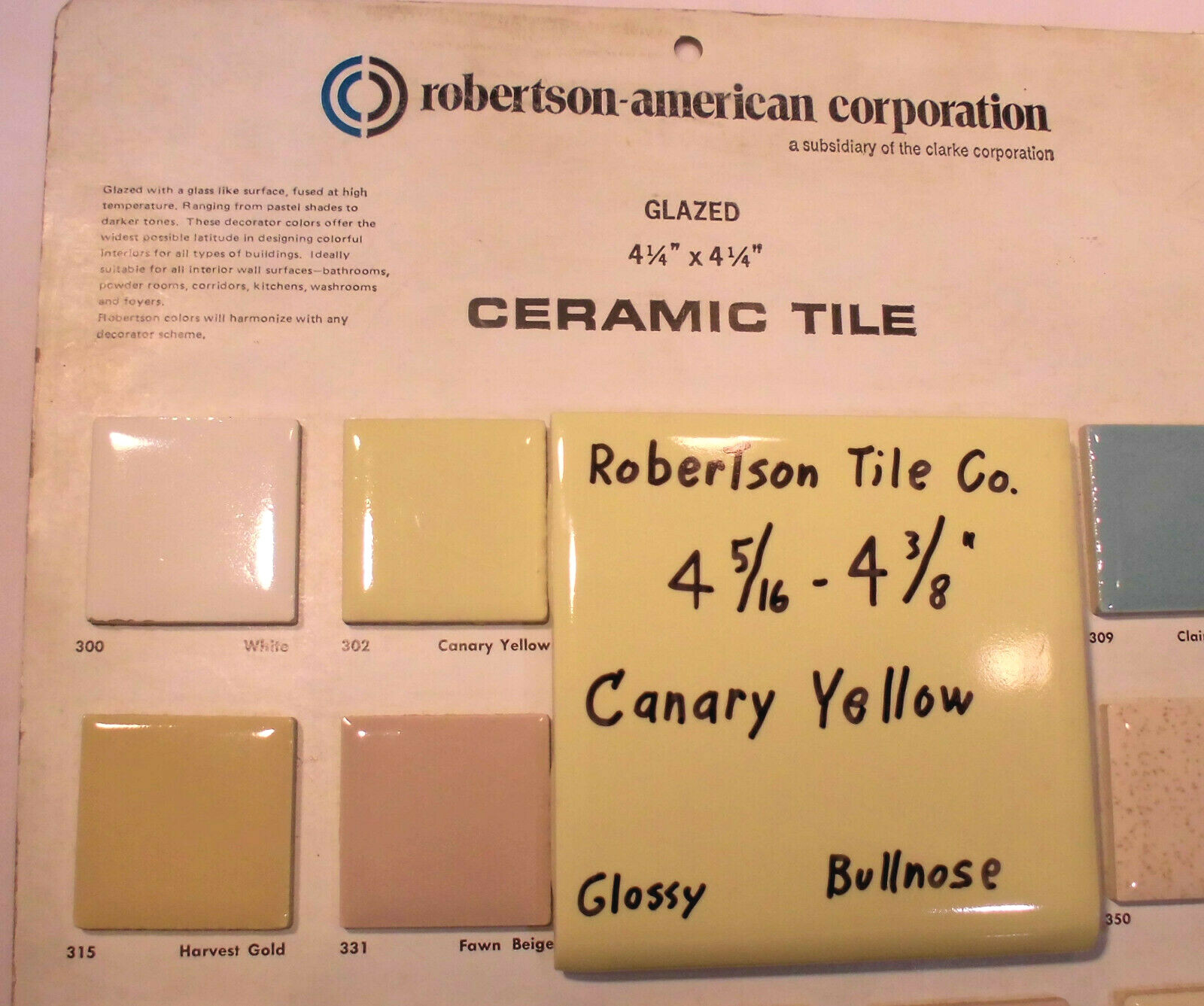 1 pc. Glossy Yellow Ceramic Tile 4-3/8″ ; Matches: Florida, Mosaic & Robertson