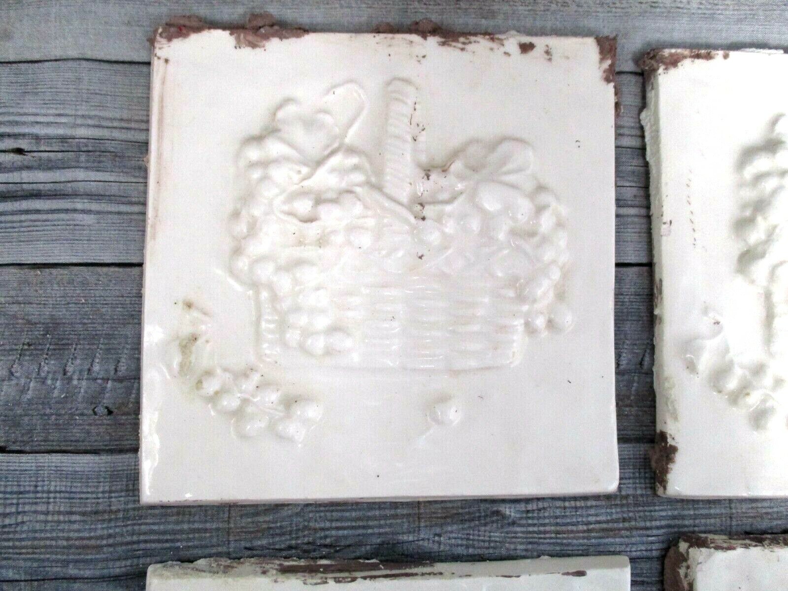Vintage Ceramic Tile 6 inch white raised grape fruit basket country kitchen