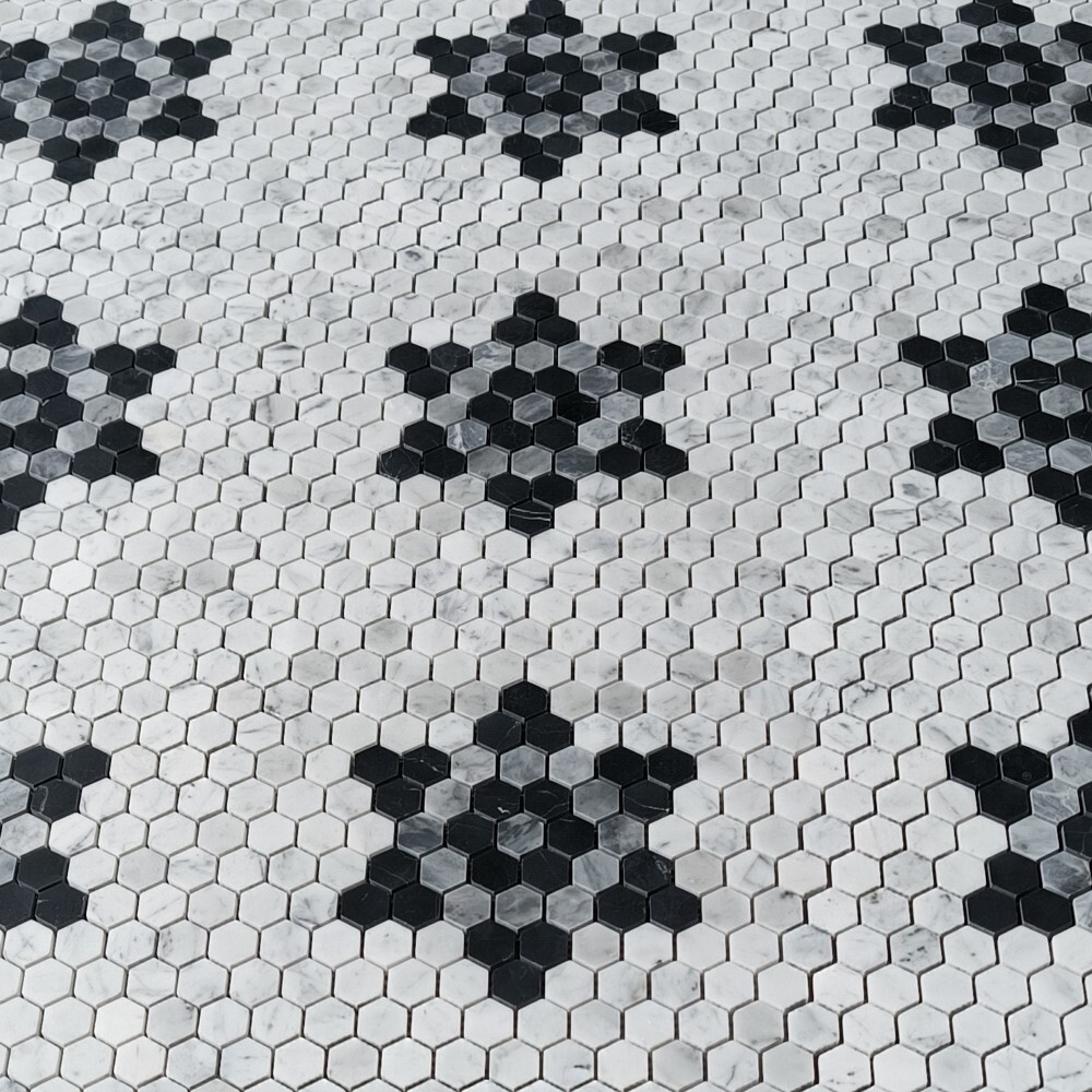 C31F81XH Carrara White Marble 1 inch Hexagon?Hexastar?Mosaic Tile Black Gray