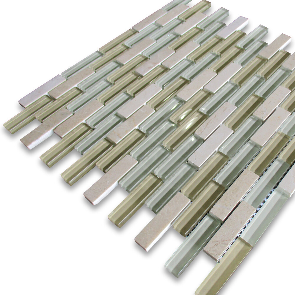 A62001 Glass Mosaic Tile White Yellow Glass Beige Marble Accent Backsplash
